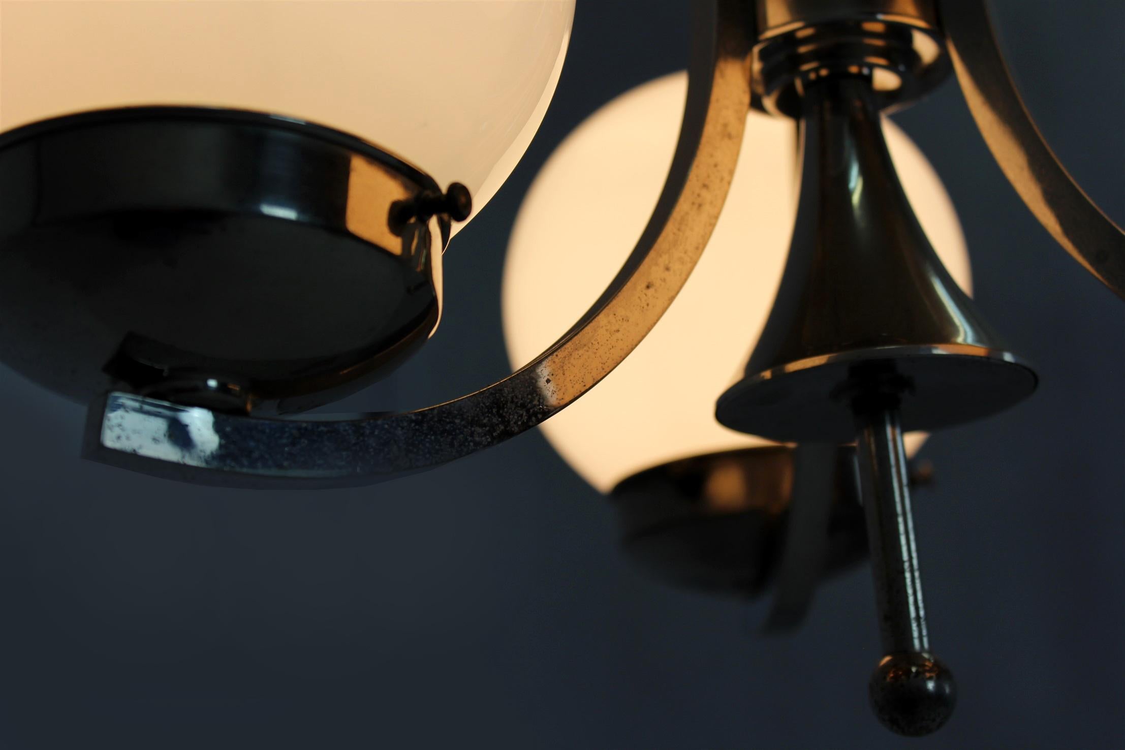 Tall Vintage Czech Bauhaus Pendant Lamp with Opaline Glass Globes, 1940s For Sale 12