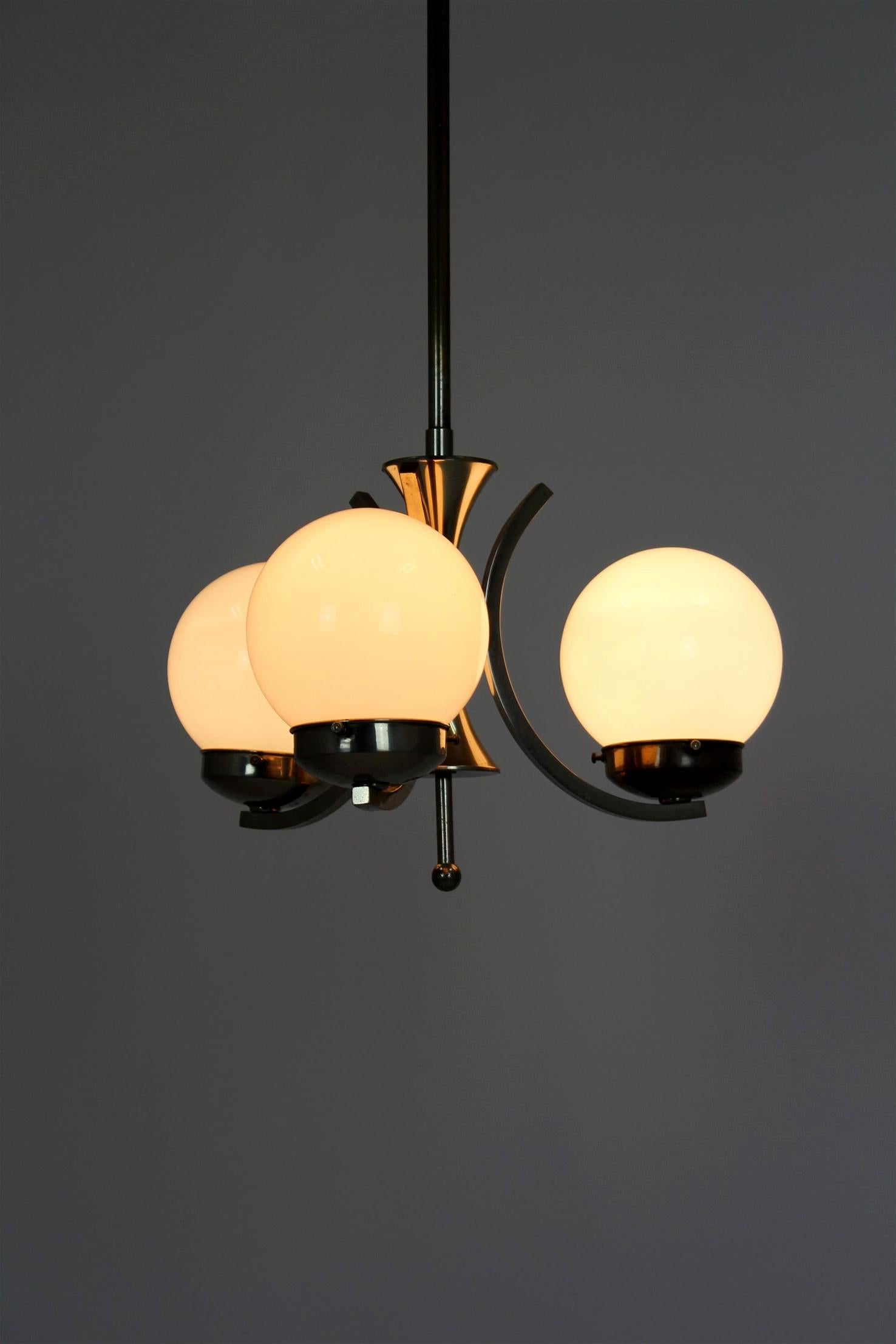 Tall Vintage Czech Bauhaus Pendant Lamp with Opaline Glass Globes, 1940s For Sale 13