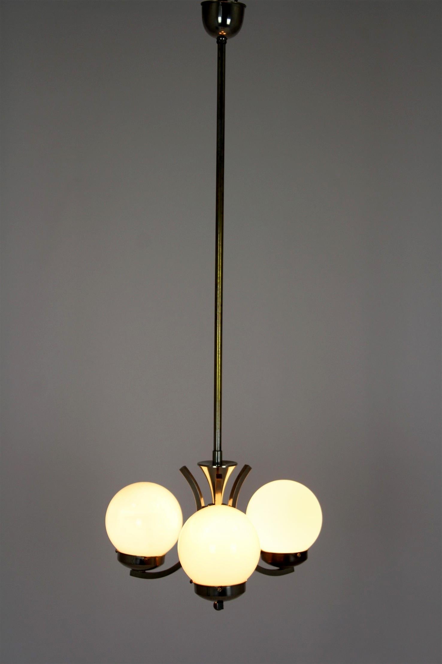 Tall Vintage Czech Bauhaus Pendant Lamp with Opaline Glass Globes, 1940s For Sale 14