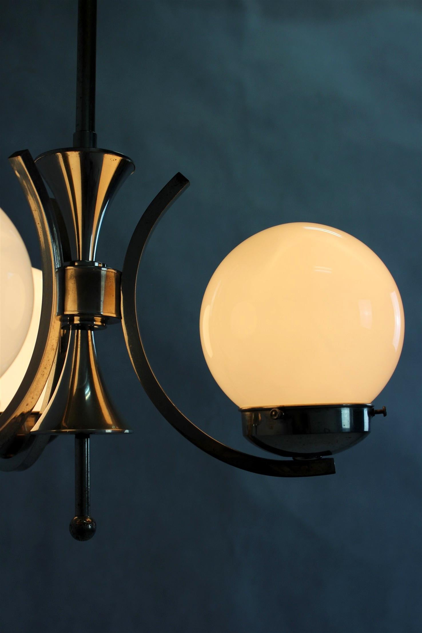 Tall Vintage Czech Bauhaus Pendant Lamp with Opaline Glass Globes, 1940s For Sale 15