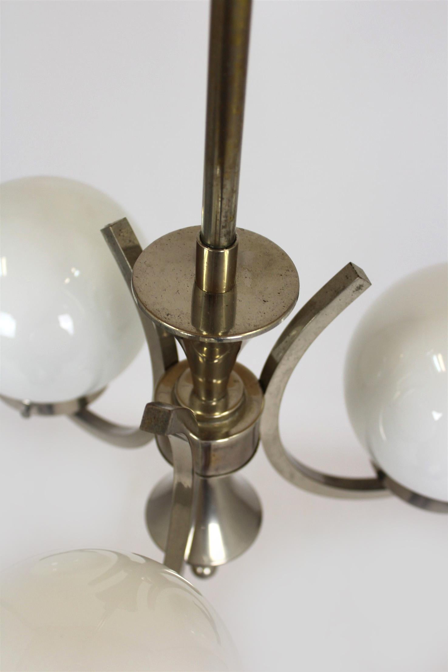 Mid-20th Century Tall Vintage Czech Bauhaus Pendant Lamp with Opaline Glass Globes, 1940s For Sale