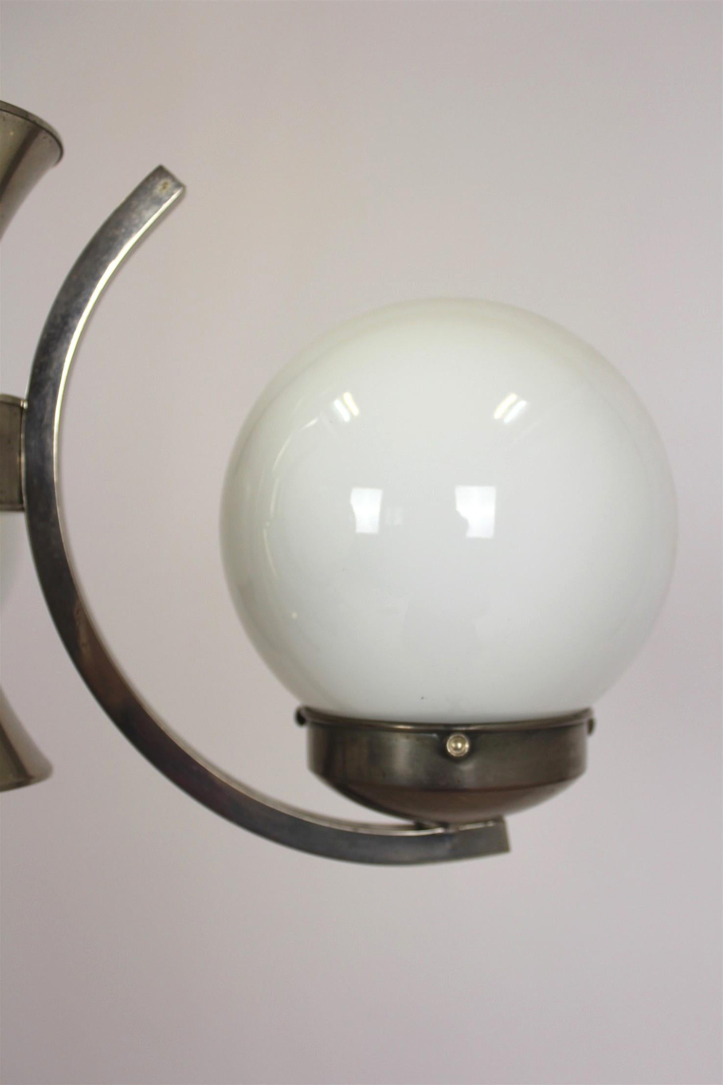 Steel Tall Vintage Czech Bauhaus Pendant Lamp with Opaline Glass Globes, 1940s For Sale