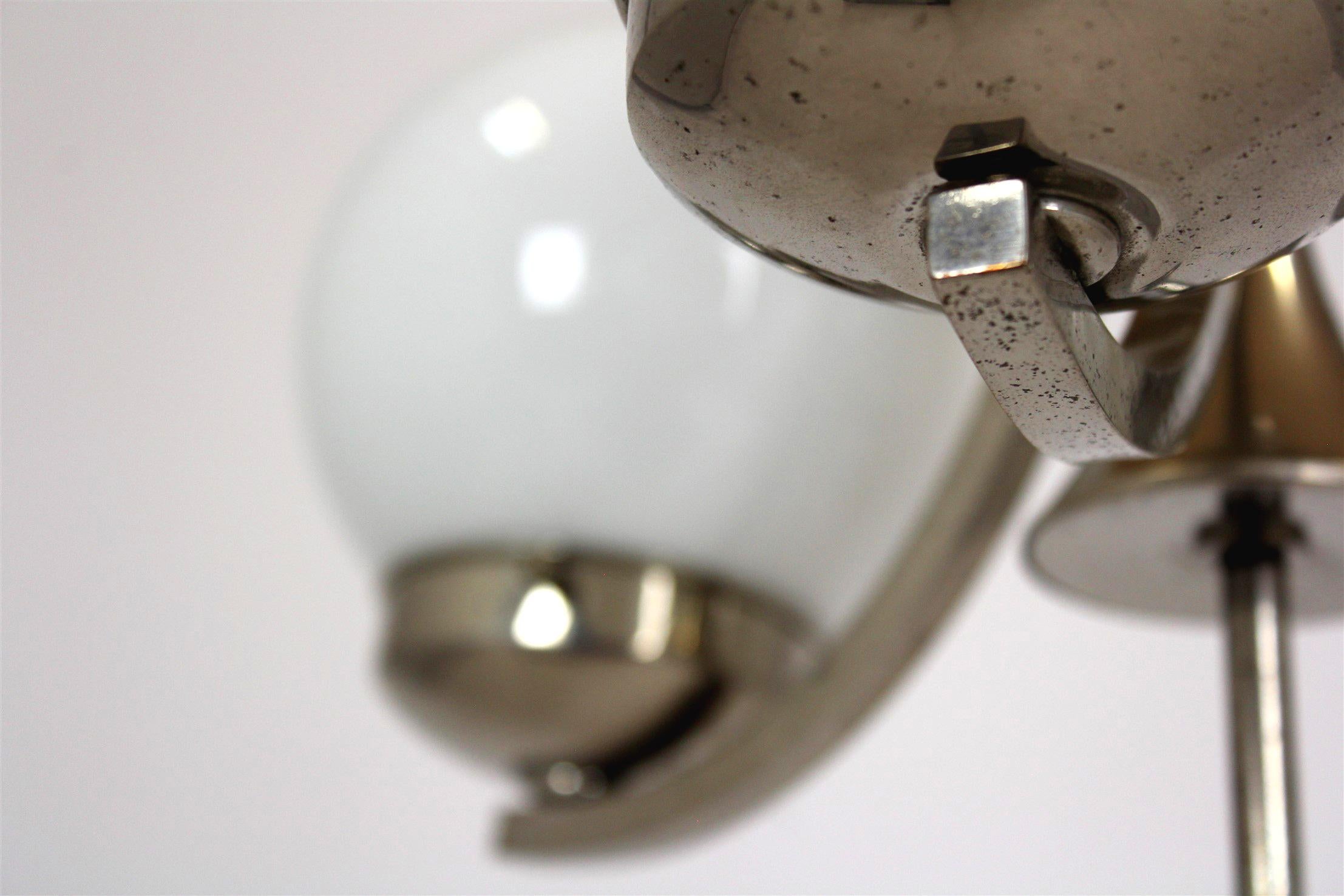 Tall Vintage Czech Bauhaus Pendant Lamp with Opaline Glass Globes, 1940s For Sale 1
