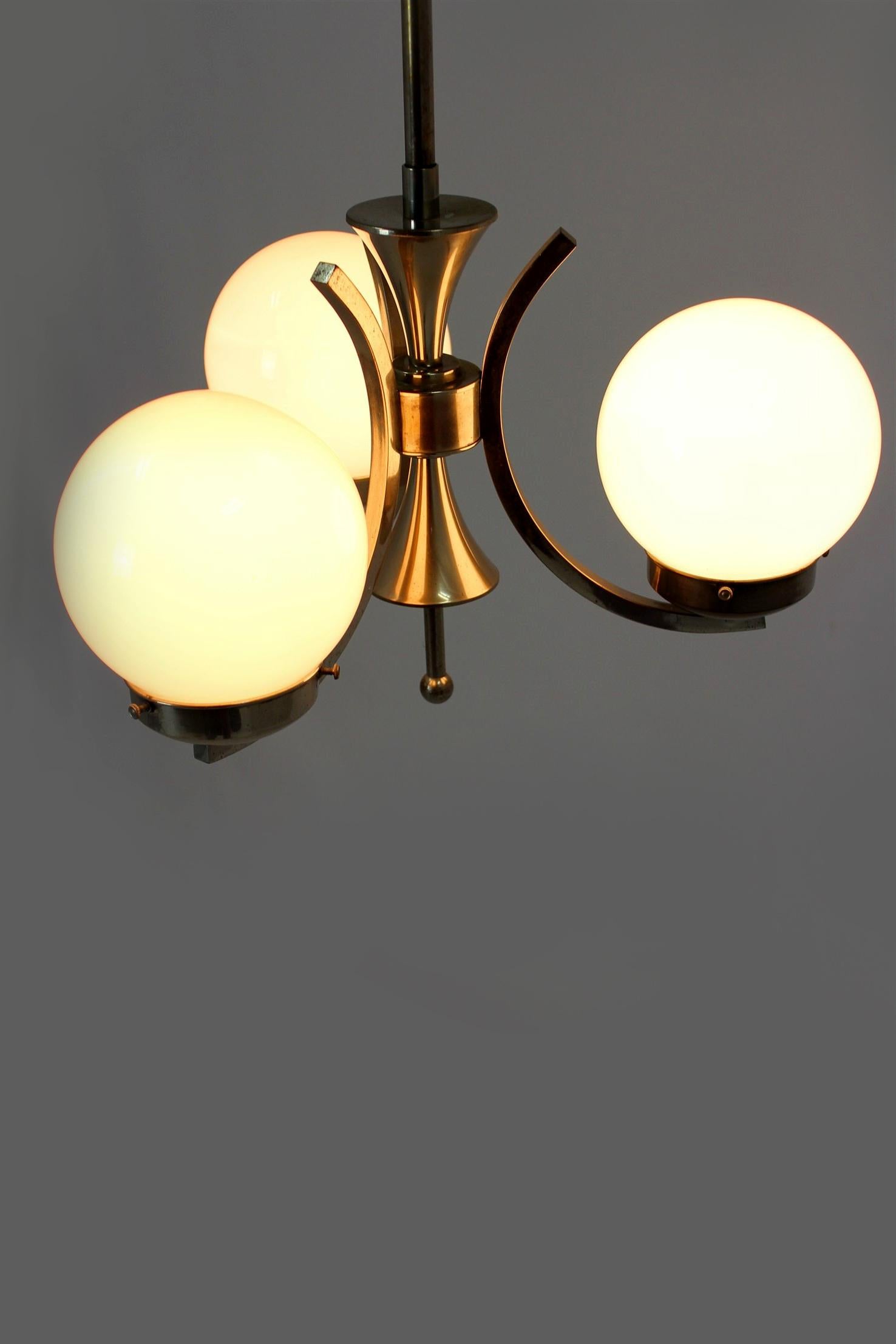 Tall Vintage Czech Bauhaus Pendant Lamp with Opaline Glass Globes, 1940s For Sale 2