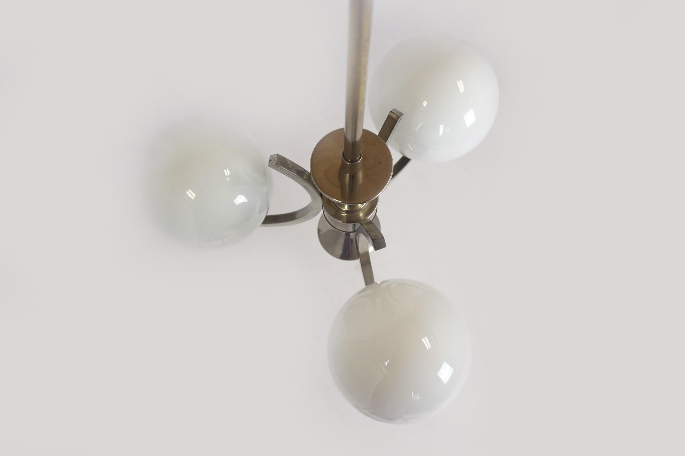 Tall Vintage Czech Bauhaus Pendant Lamp with Opaline Glass Globes, 1940s For Sale 3
