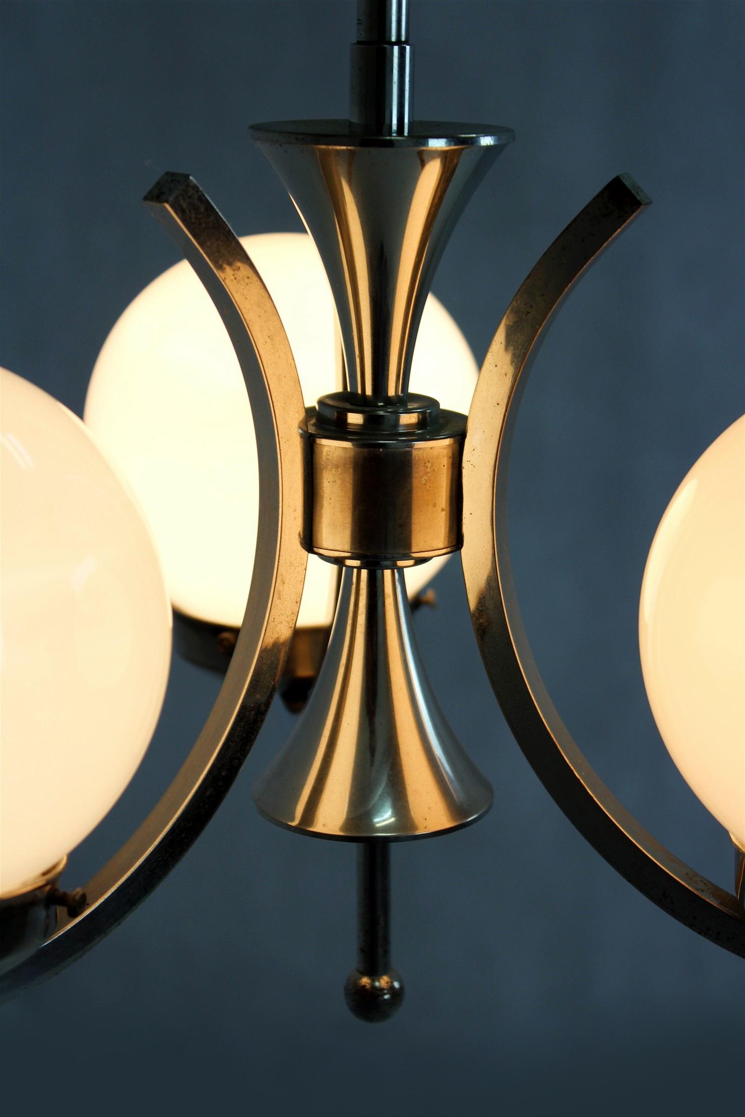 Tall Vintage Czech Bauhaus Pendant Lamp with Opaline Glass Globes, 1940s For Sale 4