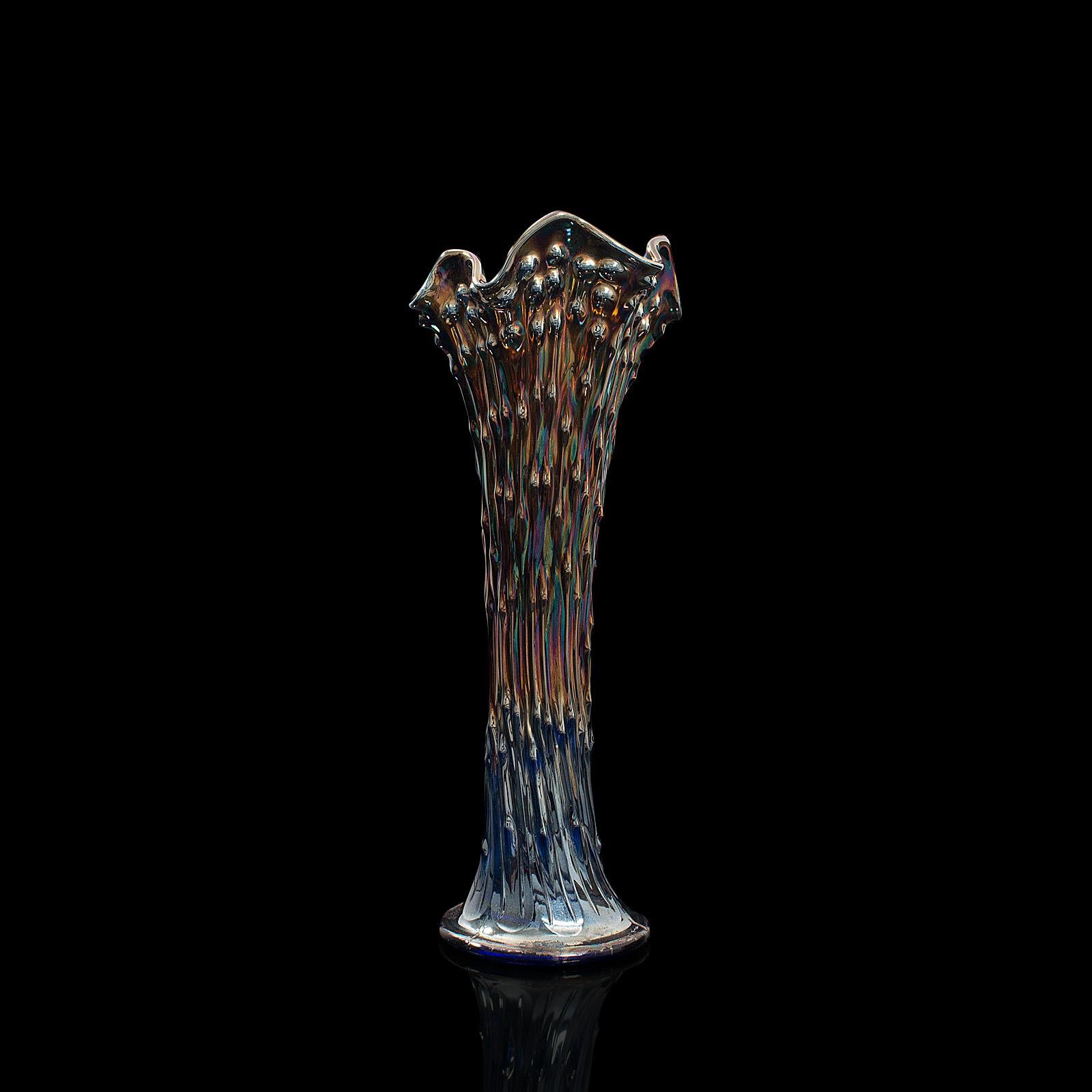 British Tall Vintage Decorative Carnival Vase, English, Glass, Flower, Midcentury, 1950 For Sale