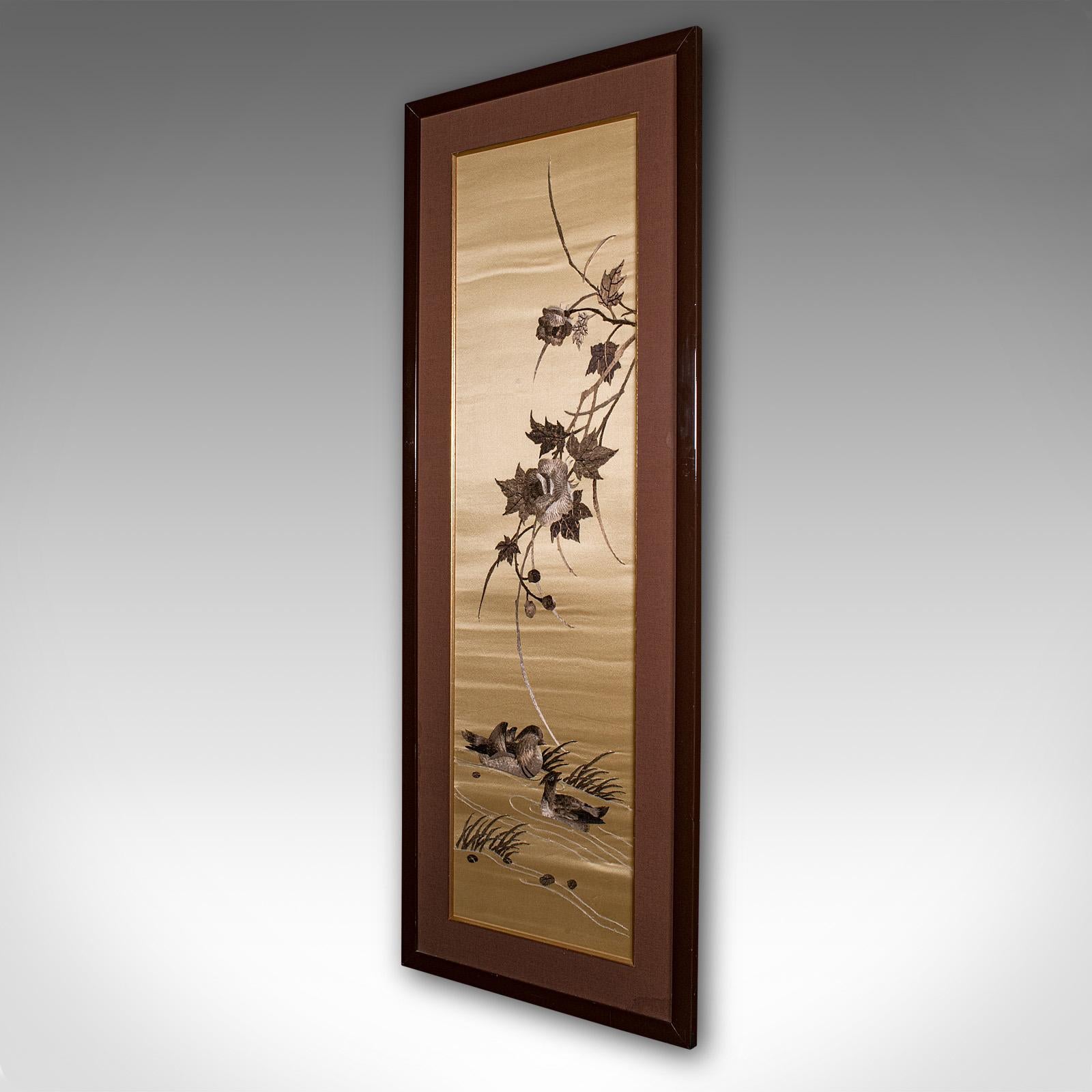 Mid-Century Modern Tall Vintage Decorative Panel, Chinese, Framed, Silk Cotton Embroidery, C.1970 For Sale