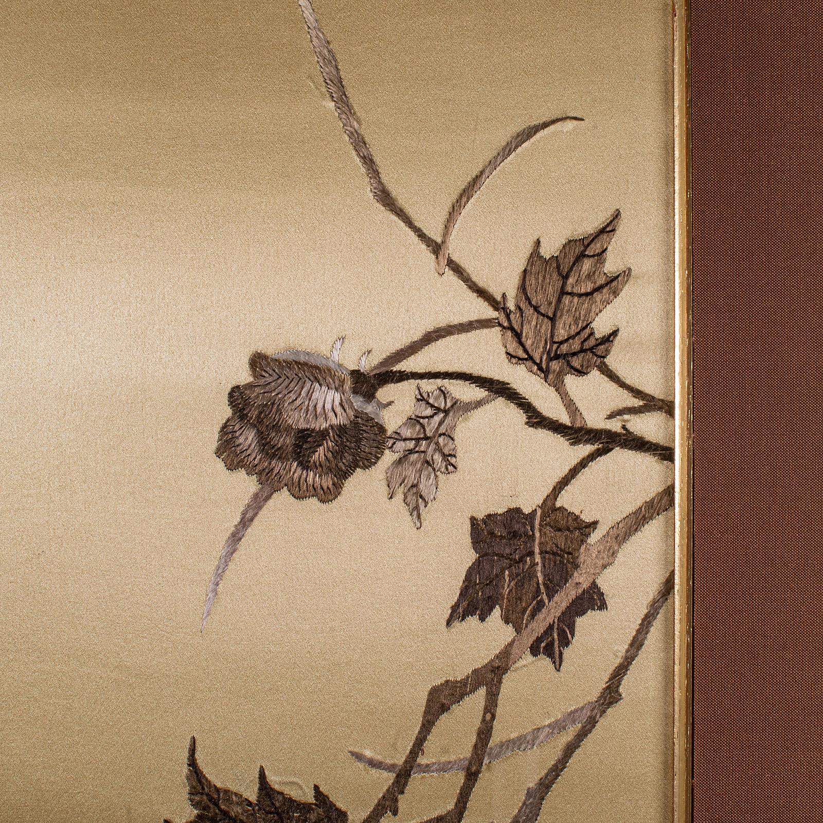 Tall Vintage Decorative Panel, Chinese, Framed, Silk Cotton Embroidery, C.1970 In Good Condition For Sale In Hele, Devon, GB