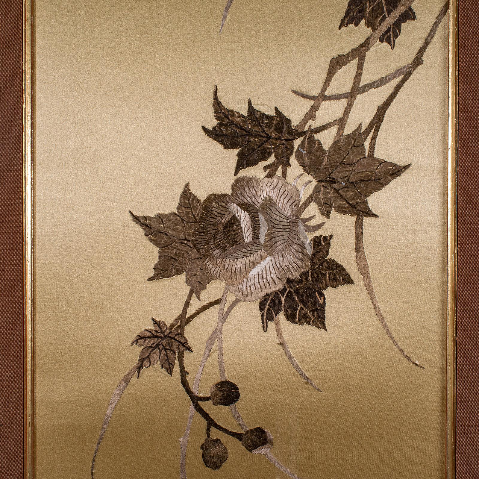 20th Century Tall Vintage Decorative Panel, Chinese, Framed, Silk Cotton Embroidery, C.1970 For Sale