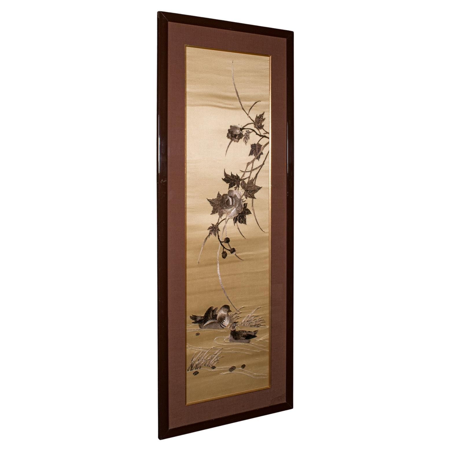 Tall Vintage Decorative Panel, Chinese, Framed, Silk Cotton Embroidery, C.1970