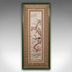 Tall Vintage Embroidered Panel, Oriental Silk Cotton Needlepoint Scene, Art Deco