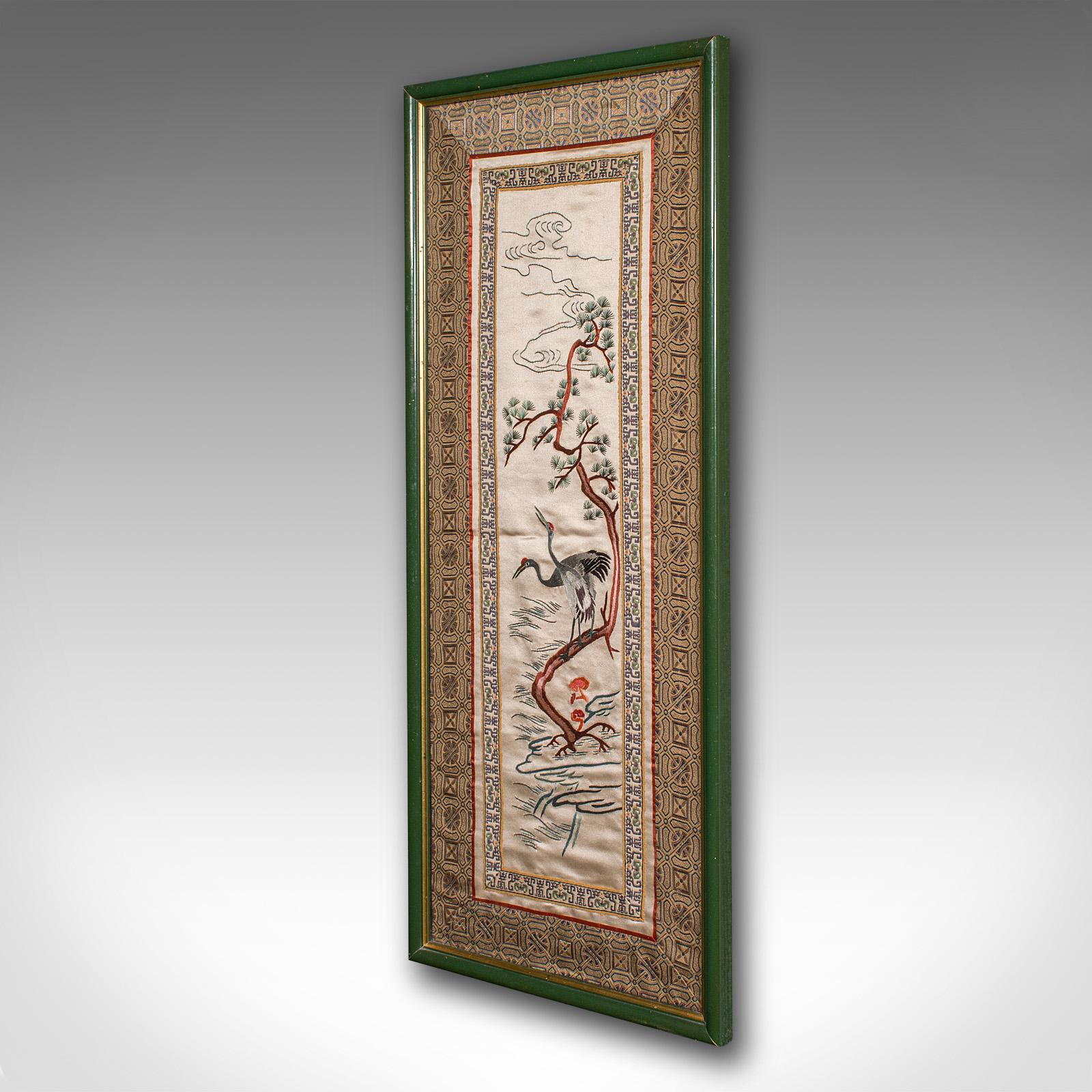 Japanese Tall Vintage Embroidered Panel, Oriental Silk Cotton Needlepoint Scene, Art Deco For Sale
