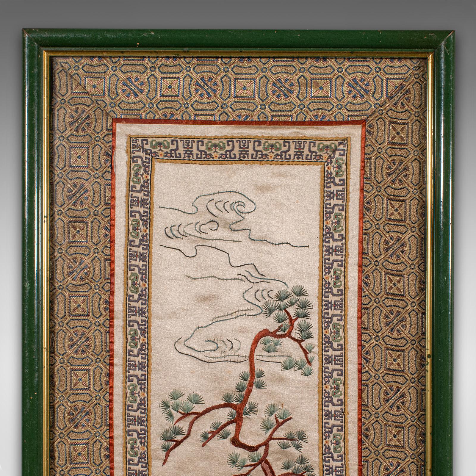 Tall Vintage Embroidered Panel, Oriental Silk Cotton Needlepoint Scene, Art Deco In Good Condition For Sale In Hele, Devon, GB