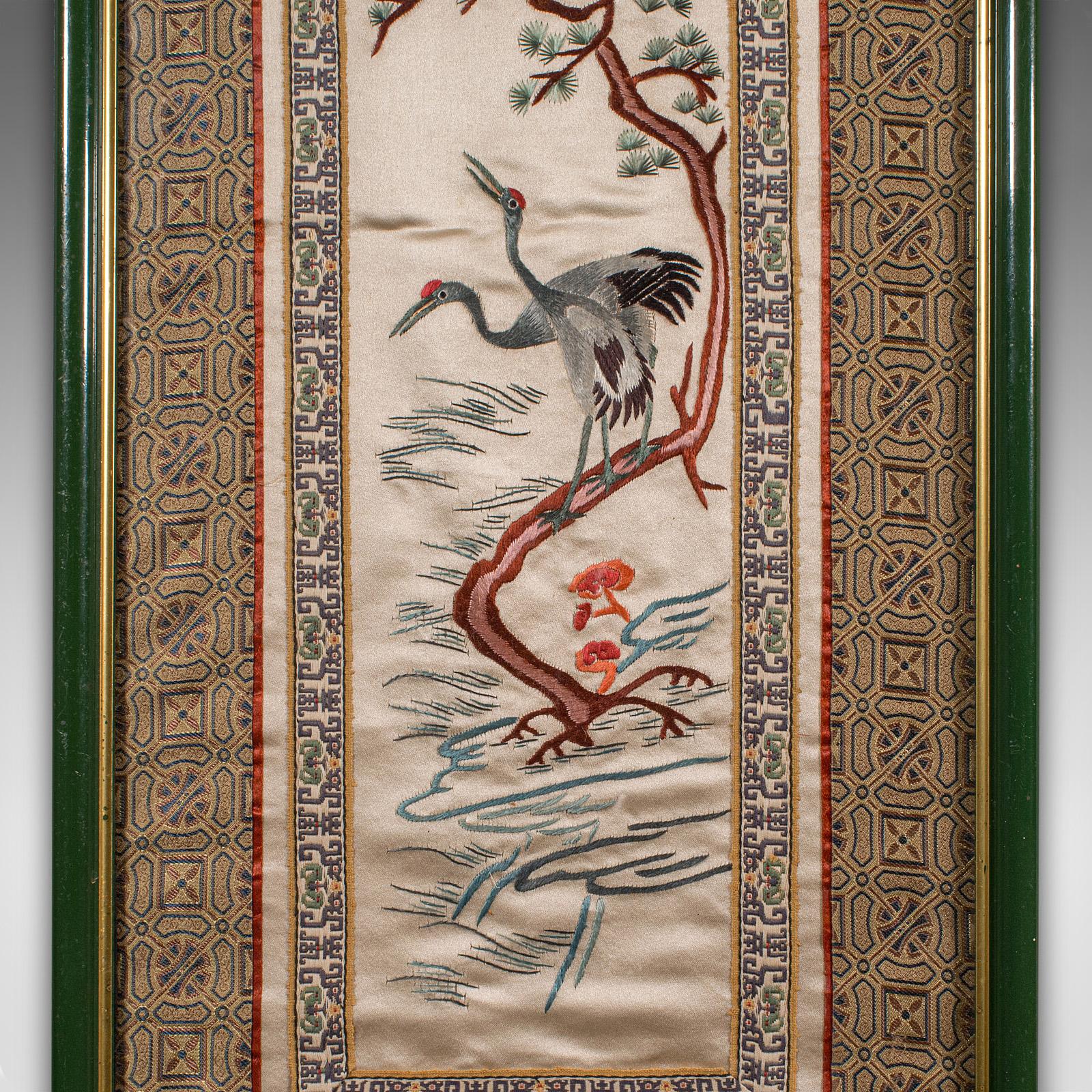 Mid-20th Century Tall Vintage Embroidered Panel, Oriental Silk Cotton Needlepoint Scene, Art Deco For Sale