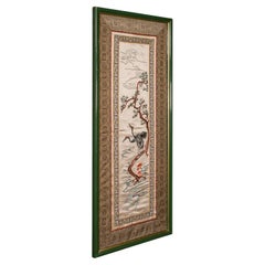 Tall Vintage Embroidered Panel, Oriental Silk Cotton Needlepoint Scene, Art Deco