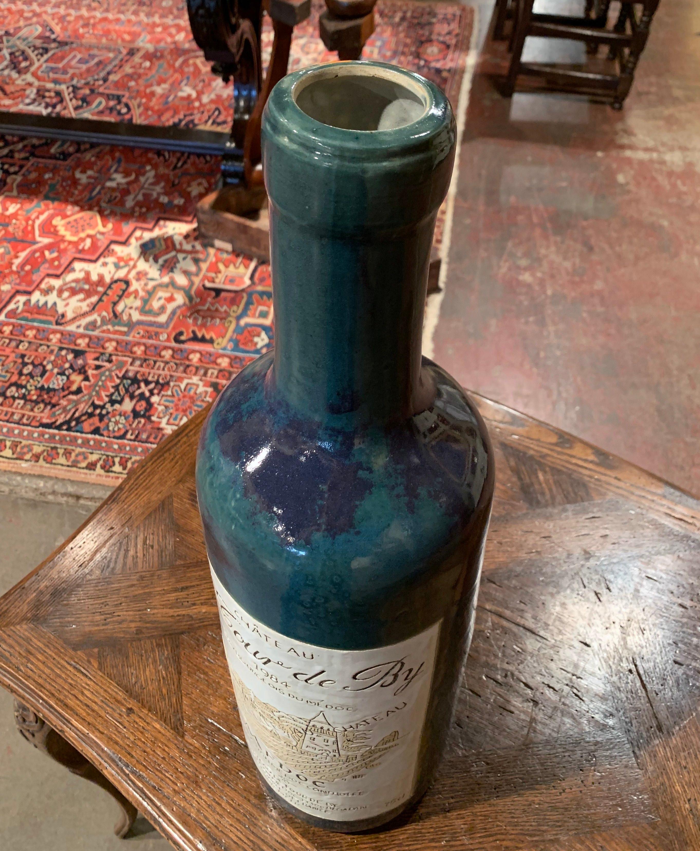 Hand-Painted Tall Vintage French Trompe L'Oeil Ceramic Methuselah Wine Bottle of Bordeaux