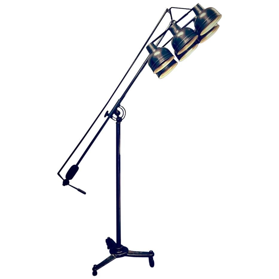 Tall Vintage Industrial Photographic Metal Floor Lamp with Six Adjustable Shades For Sale