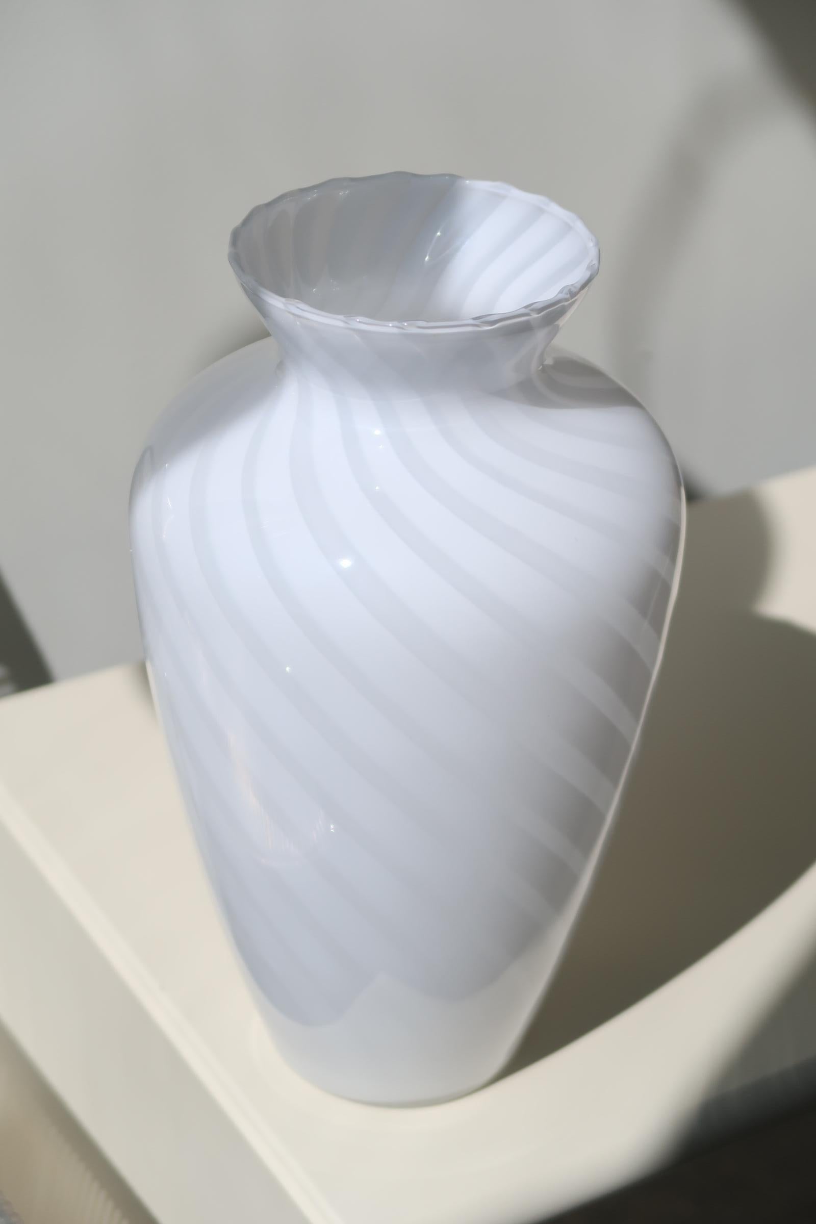 Tall Vintage Murano Italian 1970s White Swirl Glass Vase Mouth Blown For Sale 1