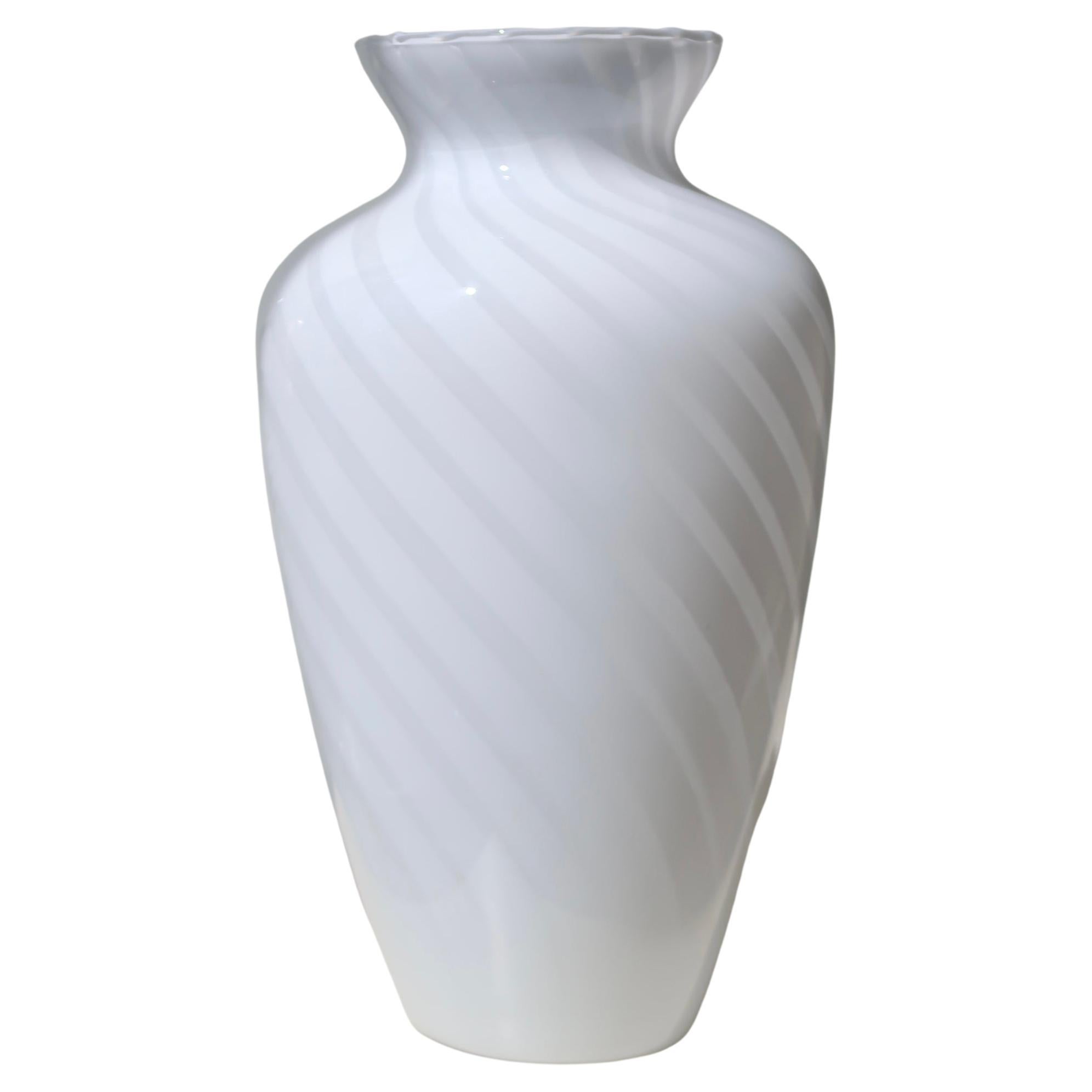 Tall Vintage Murano Italian 1970s White Swirl Glass Vase Mouth Blown For Sale