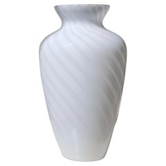 Tall Vintage Murano Italian 1970s White Swirl Glass Vase Mouth Blown