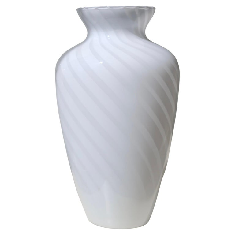 Tall Vintage Murano Italian 1970s White Swirl Glass Vase Mouth Blown