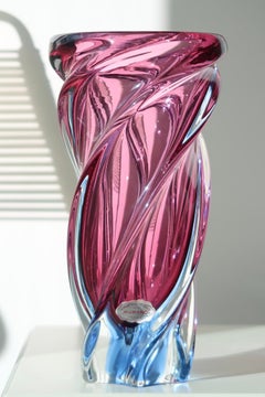 Tall Vintage Murano Sommerso Pink and Blue Glass Swirl Vase