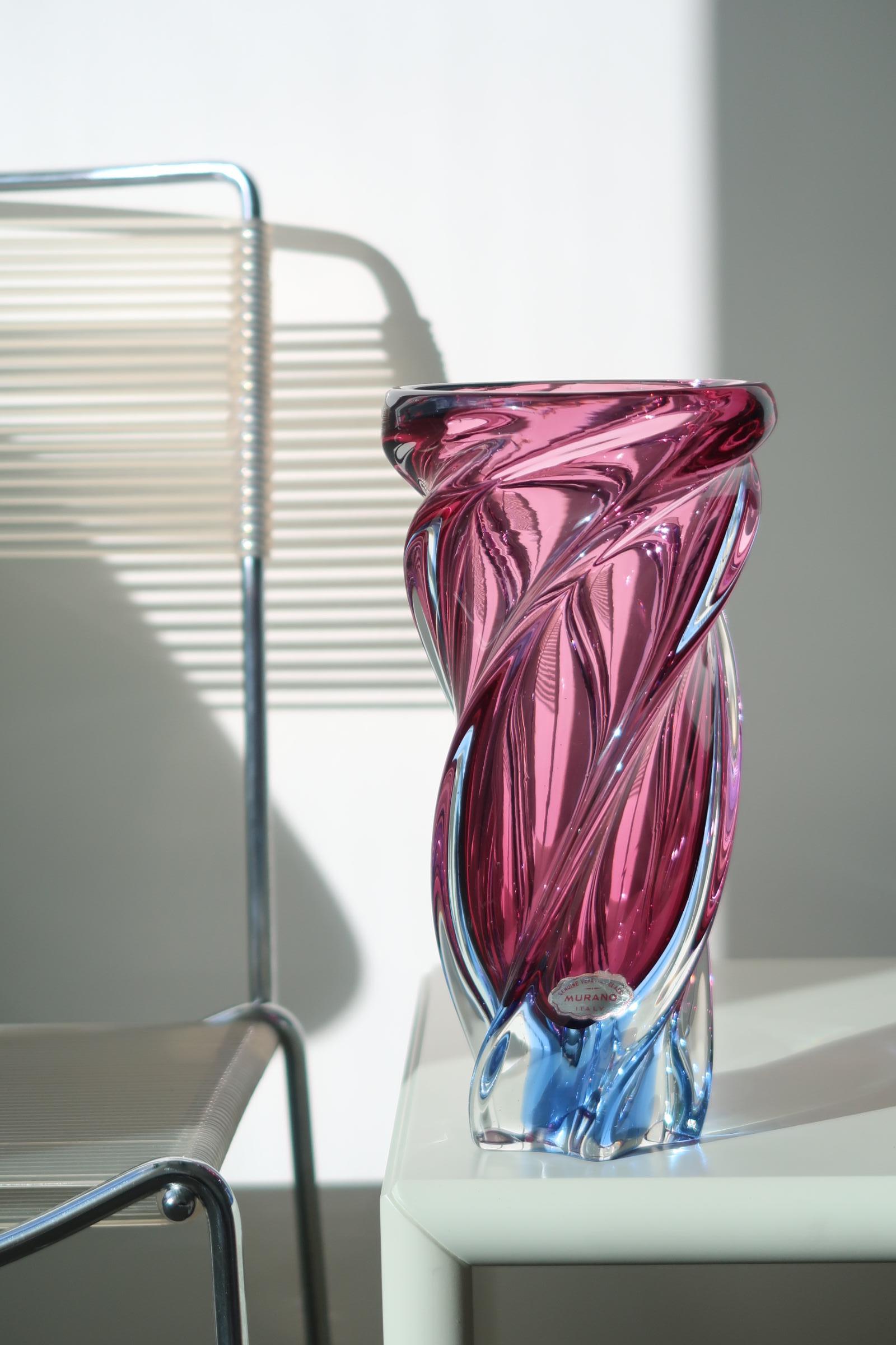Late 20th Century Tall Vintage Murano Sommerso Pink and Blue Glass Swirl Vase