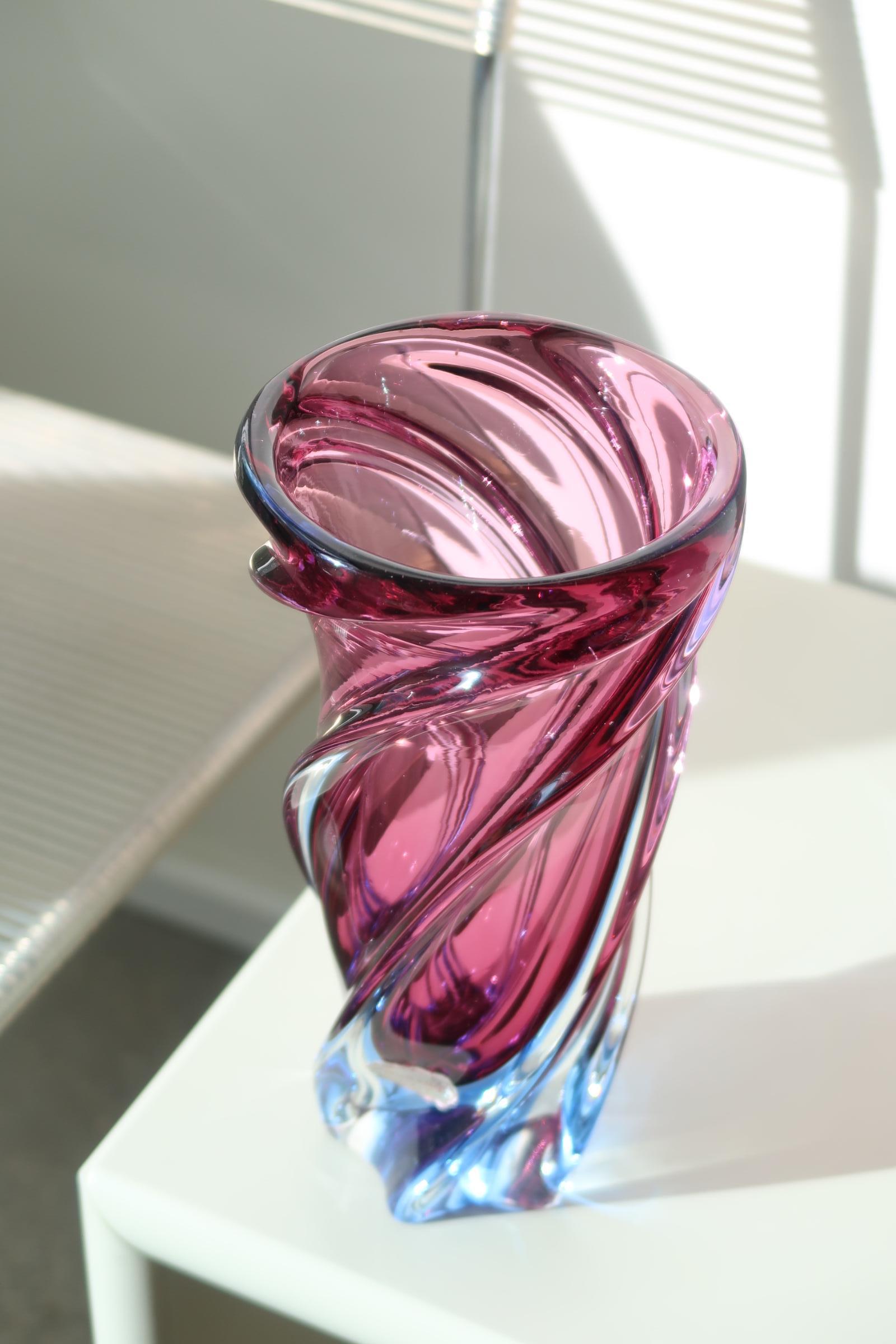 Murano Glass Tall Vintage Murano Sommerso Pink and Blue Glass Swirl Vase