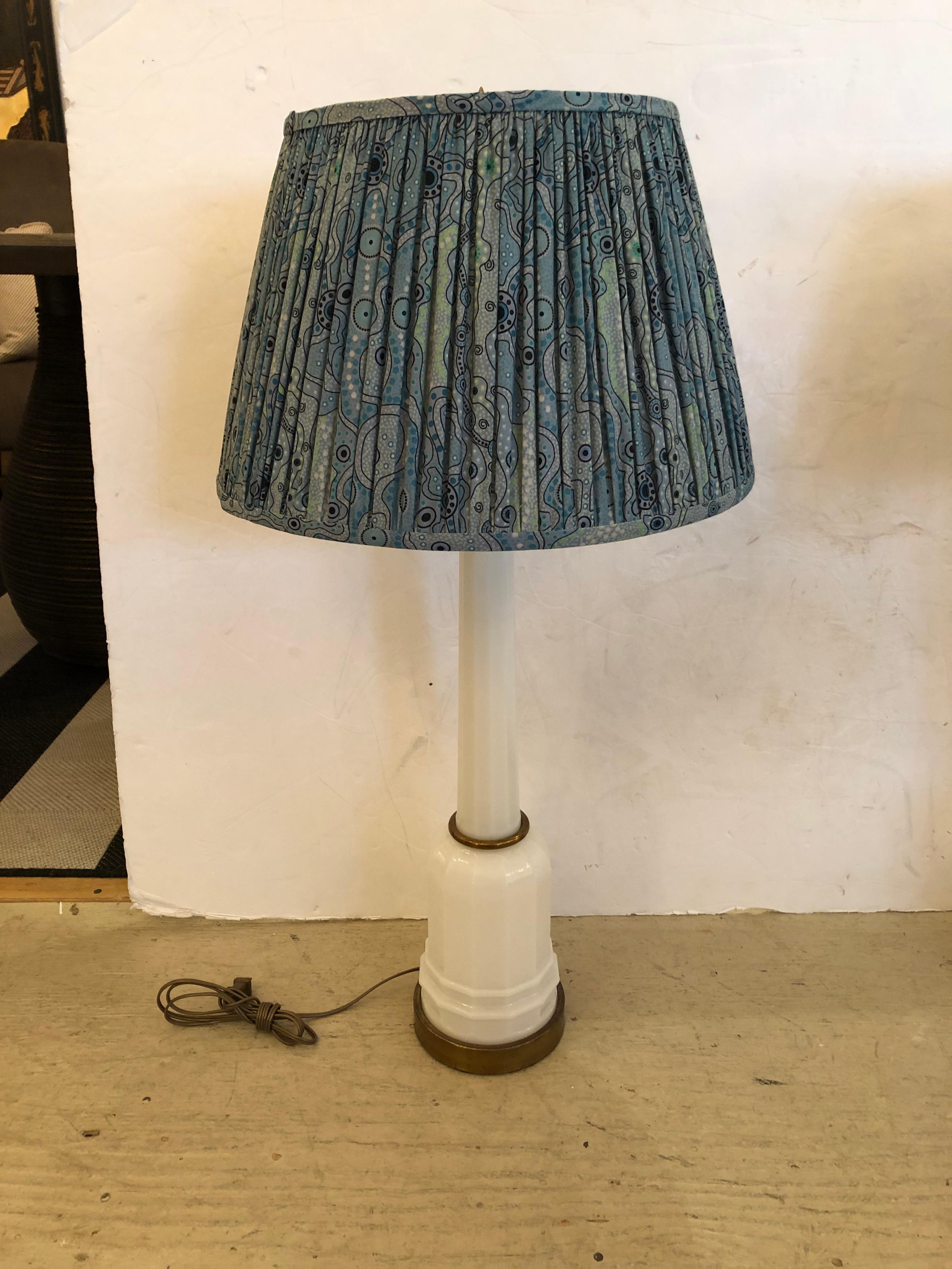 American Tall Vintage Opaline Milk Glass & Brass Table Lamps with Fabric Shades For Sale