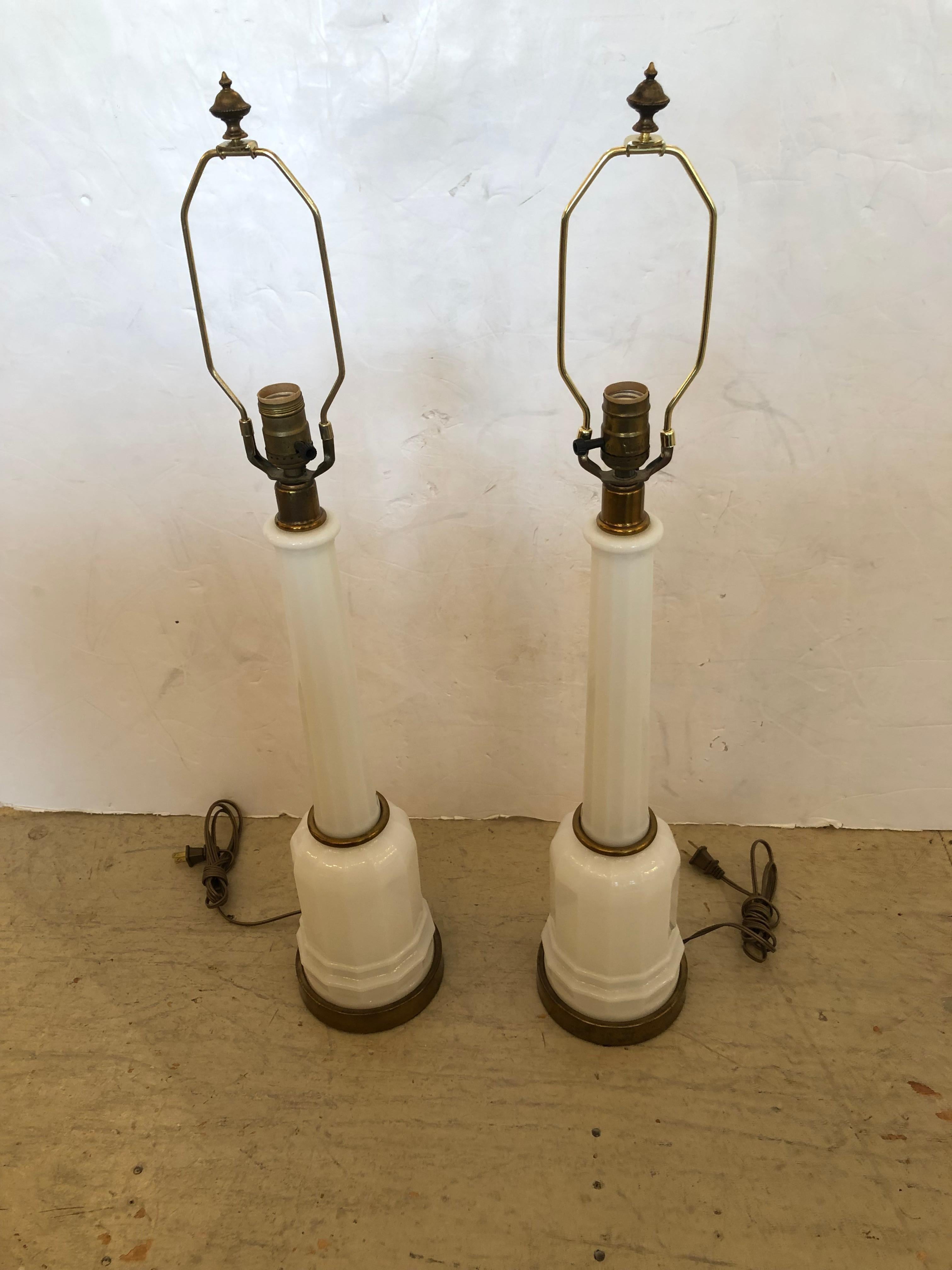 Tall Vintage Opaline Milk Glass & Brass Table Lamps with Fabric Shades In Good Condition For Sale In Hopewell, NJ