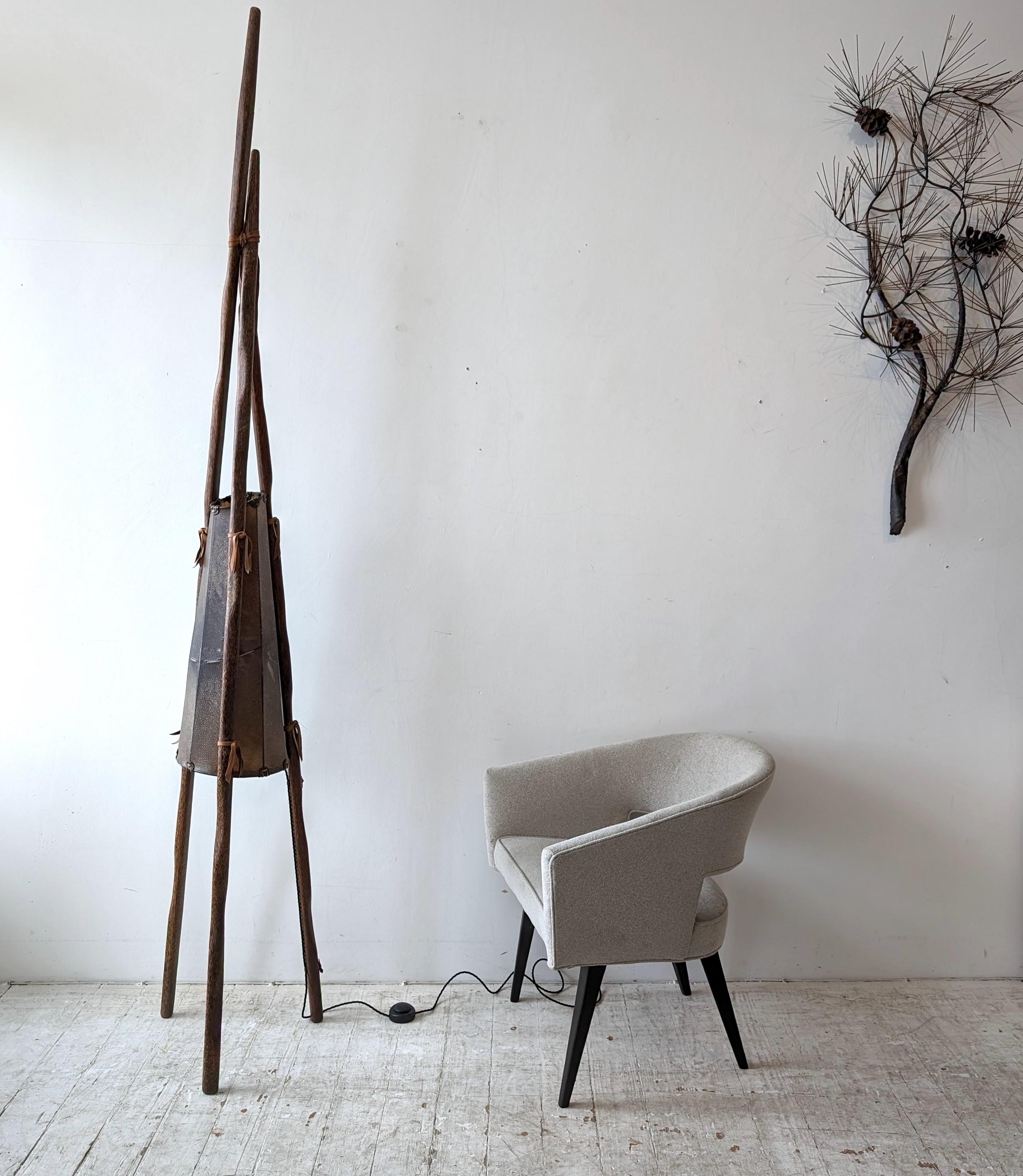Native American Tall vintage palmwood & leather Teepee floor lamp by Pacific Green c1990s