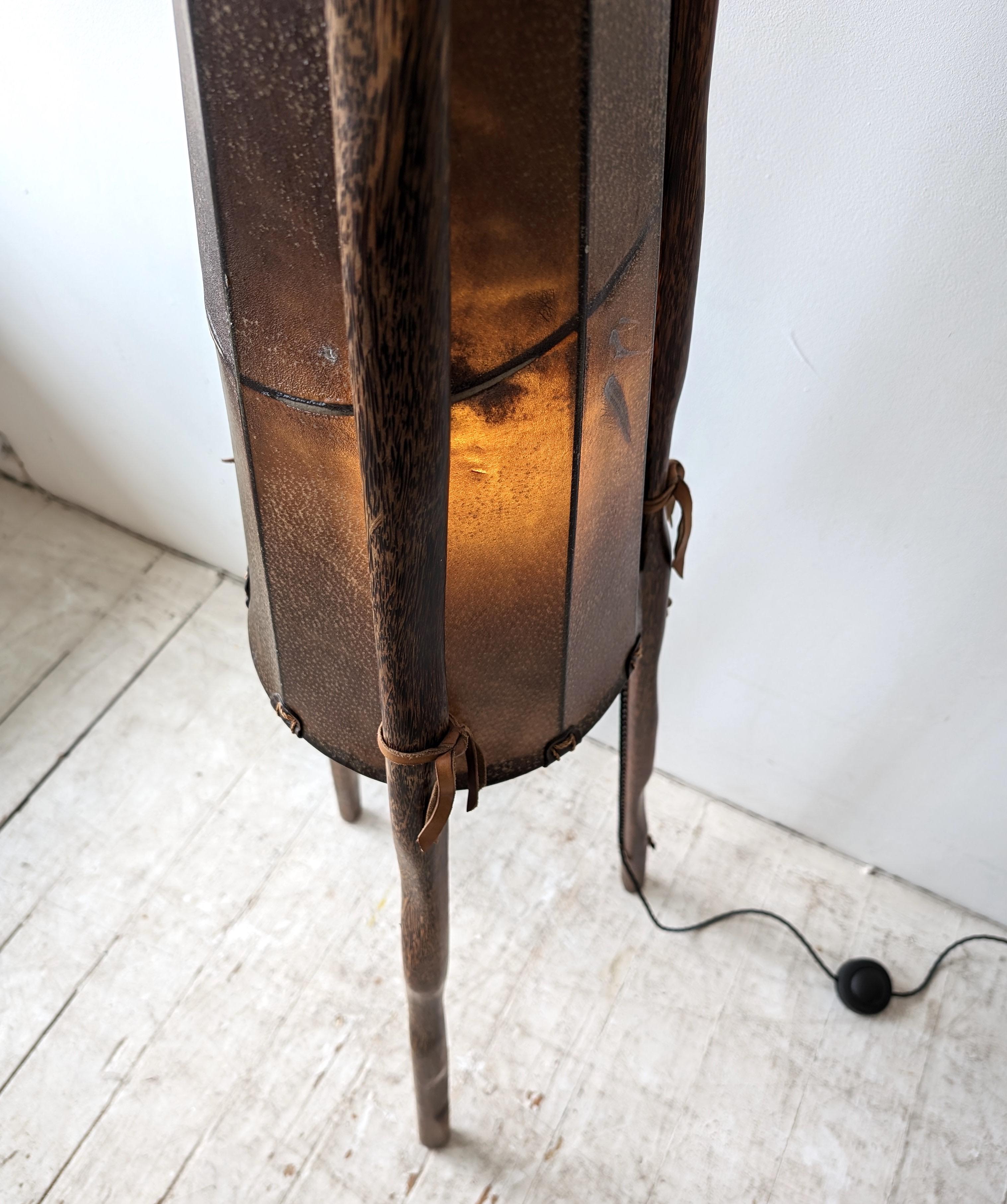 20th Century Tall vintage palmwood & leather Teepee floor lamp by Pacific Green c1990s
