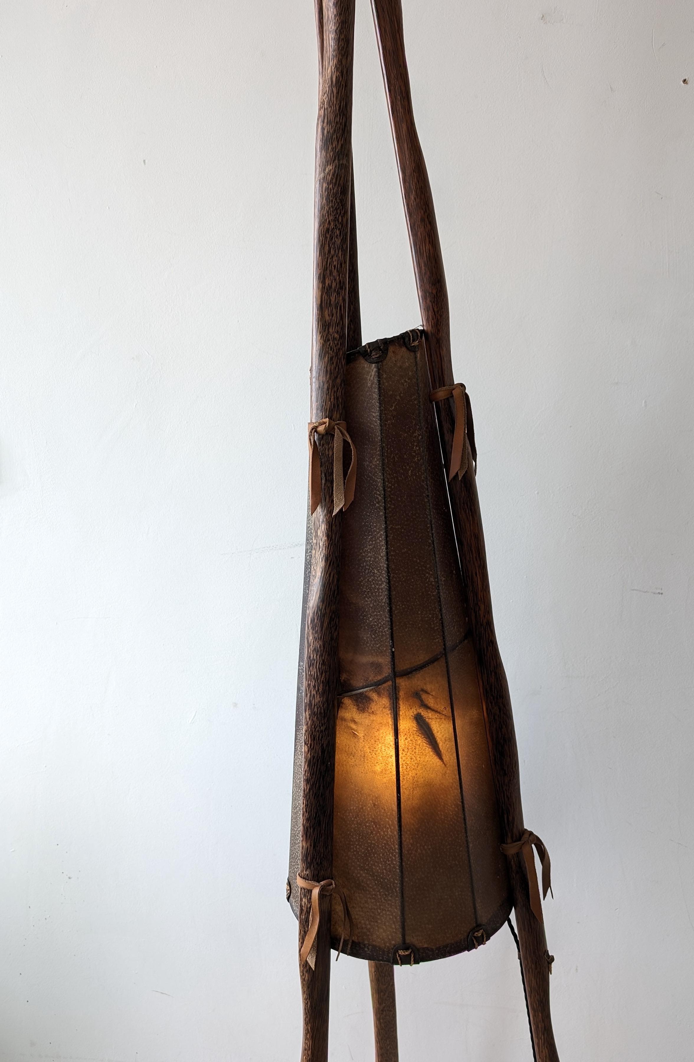Tall vintage palmwood & leather Teepee floor lamp by Pacific Green c1990s 1