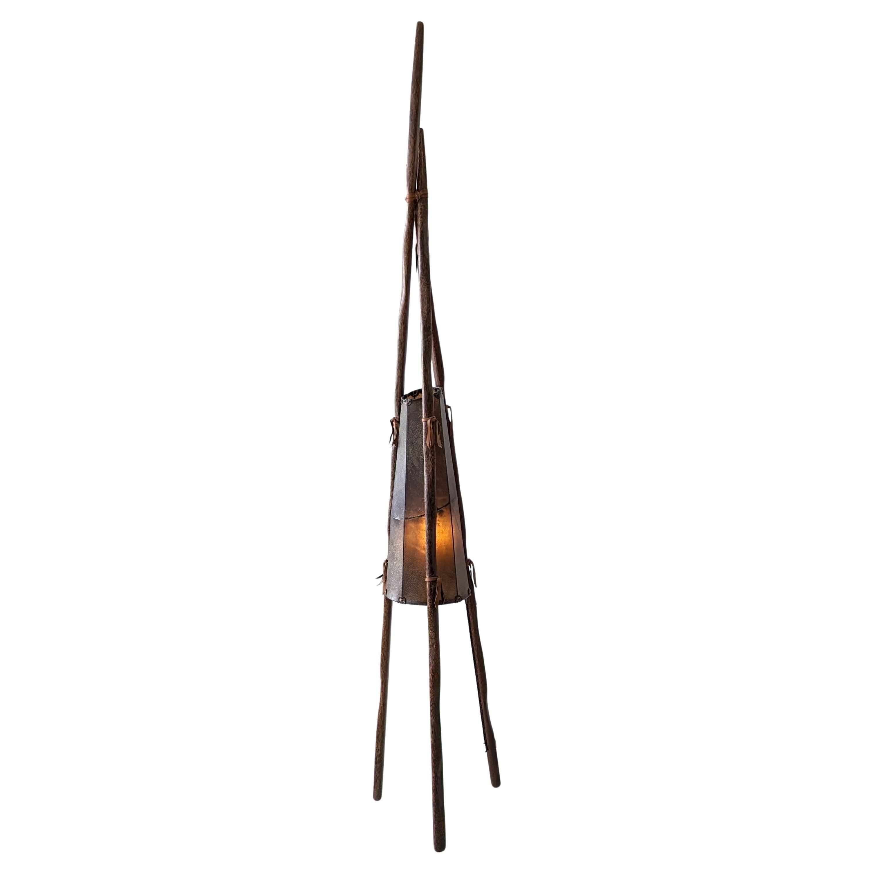 Tall vintage palmwood & leather Teepee floor lamp by Pacific Green c1990s For Sale