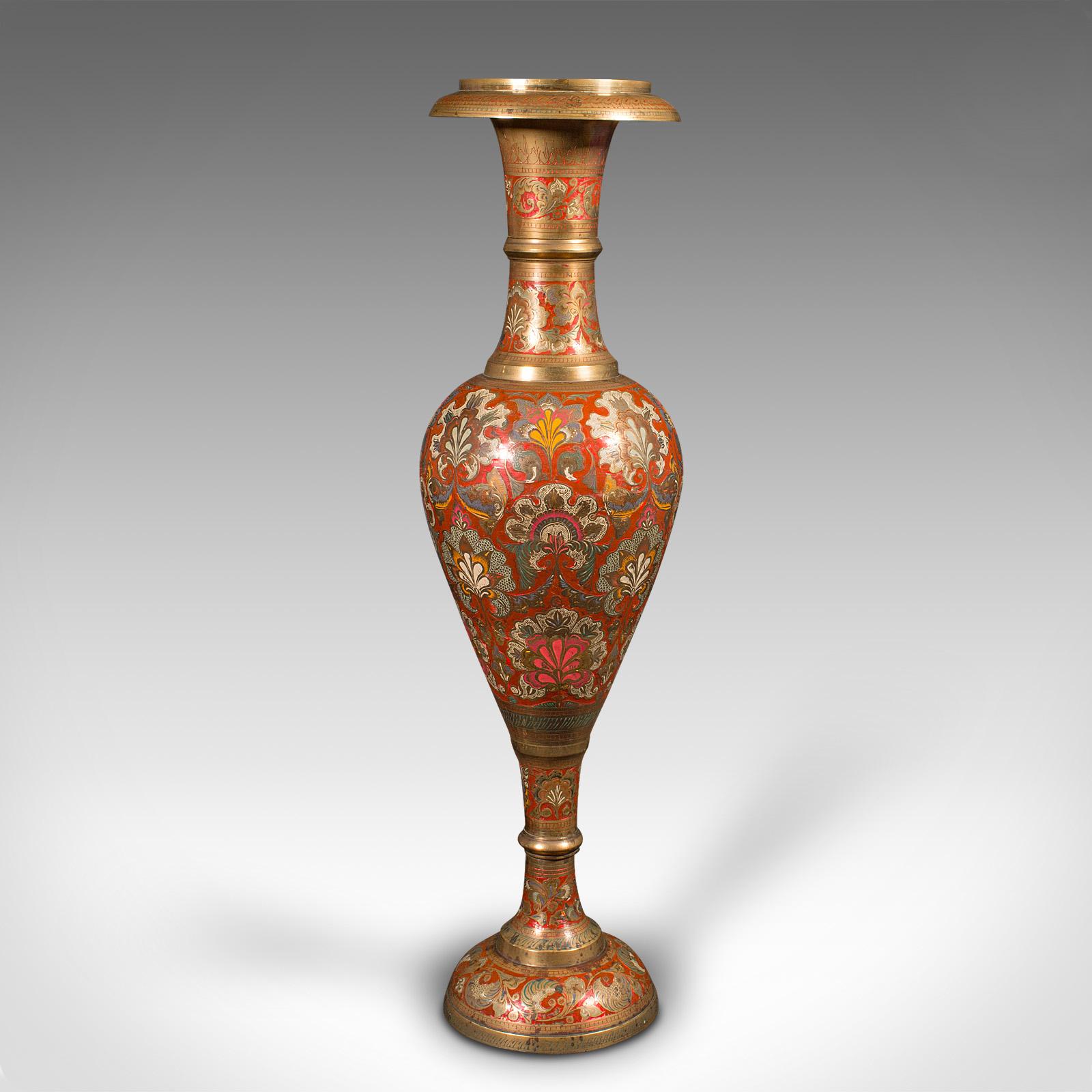 This is a tall vintage pampas grass vase. An Indian, polychrome enamelled brass display urn, dating to the mid 20th century, circa 1950.

Dramatic vase standing at an impressive height of 2.65 feet (32'')
Displaying a desirable aged patina and in