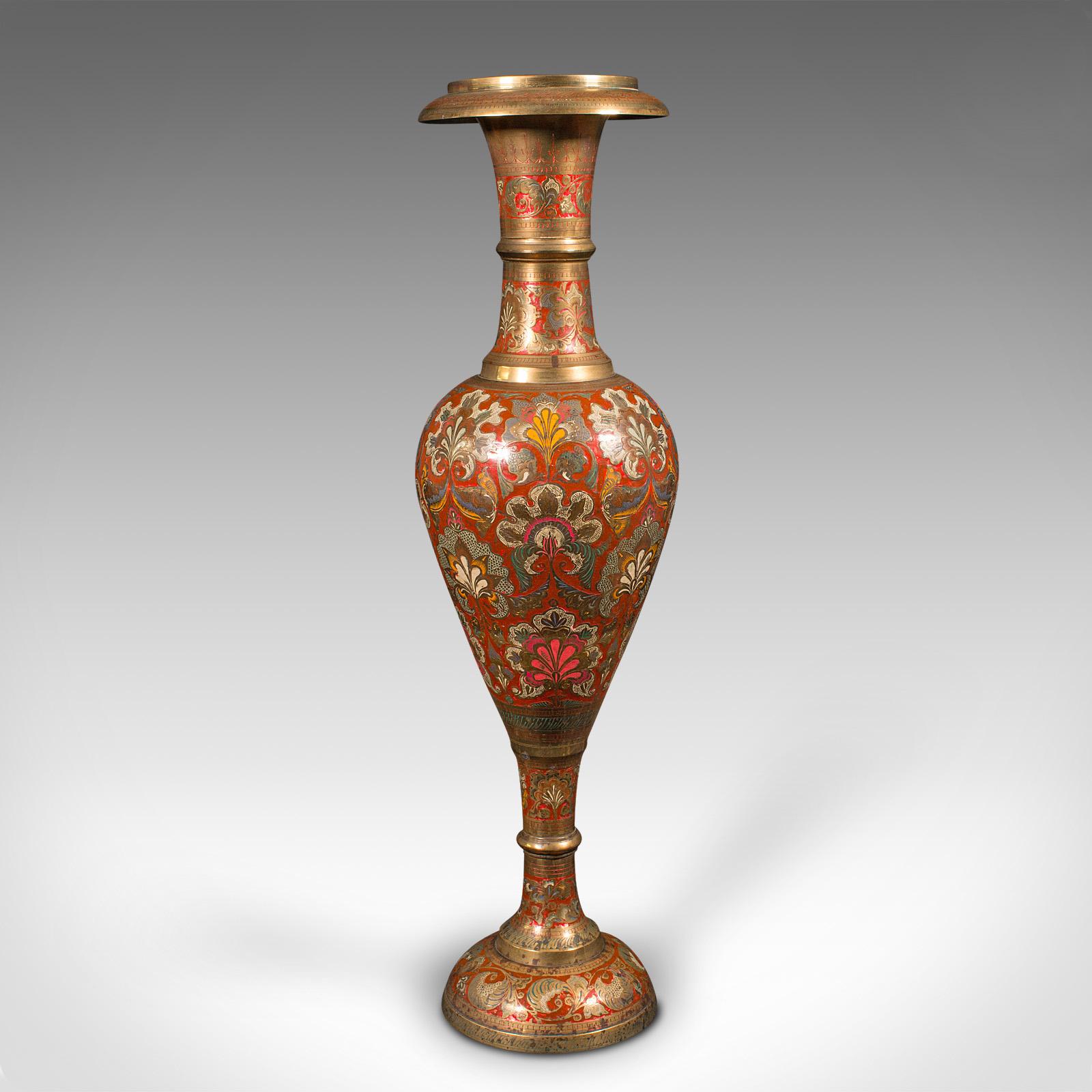 Tall Vintage Pampas Grass Vase, Indian Enamelled Brass, Display Urn, Midcentury In Good Condition In Hele, Devon, GB