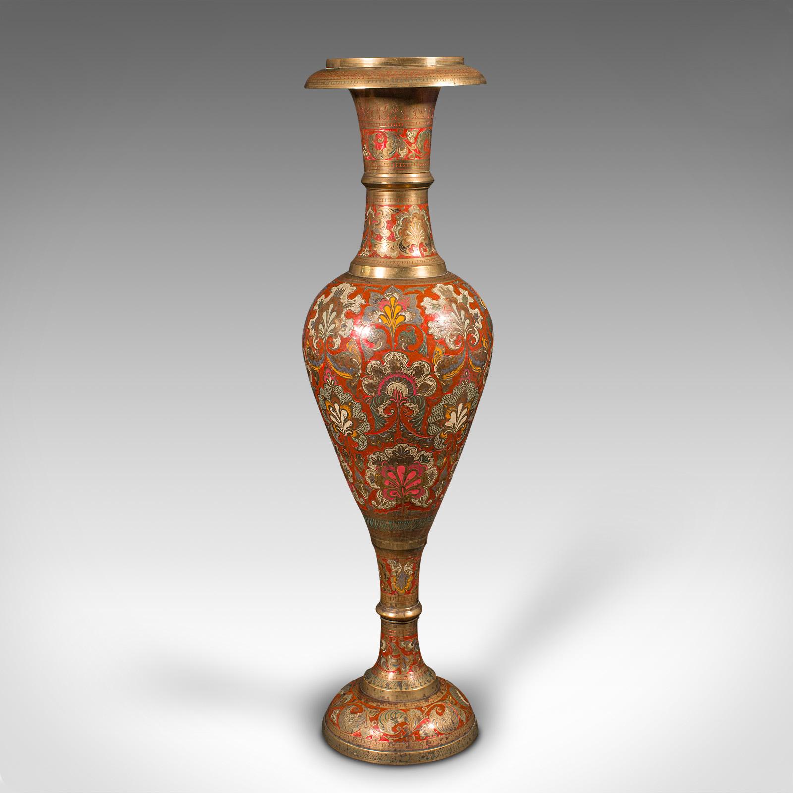20th Century Tall Vintage Pampas Grass Vase, Indian Enamelled Brass, Display Urn, Midcentury