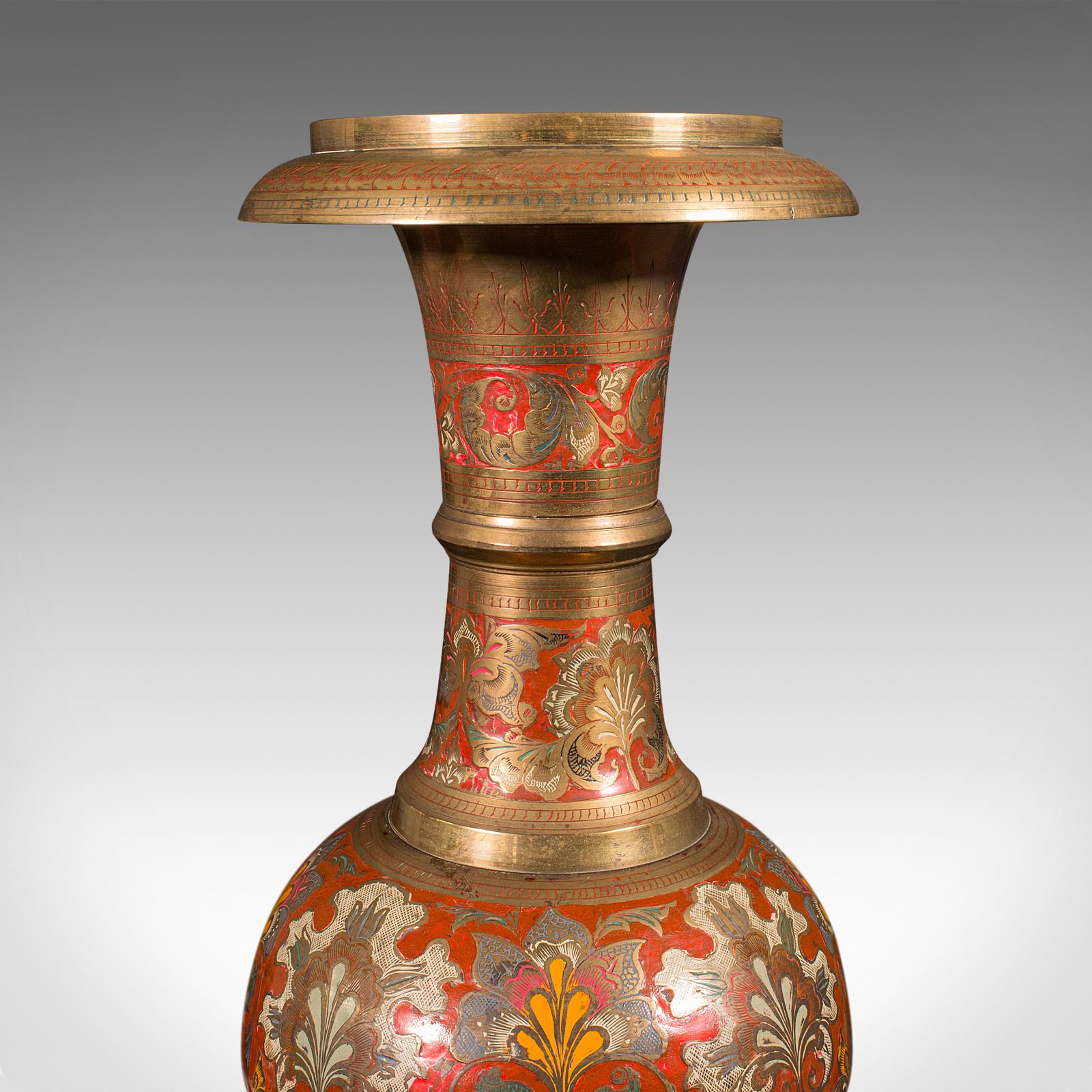 Tall Vintage Pampas Grass Vase, Indian Enamelled Brass, Display Urn, Midcentury 1