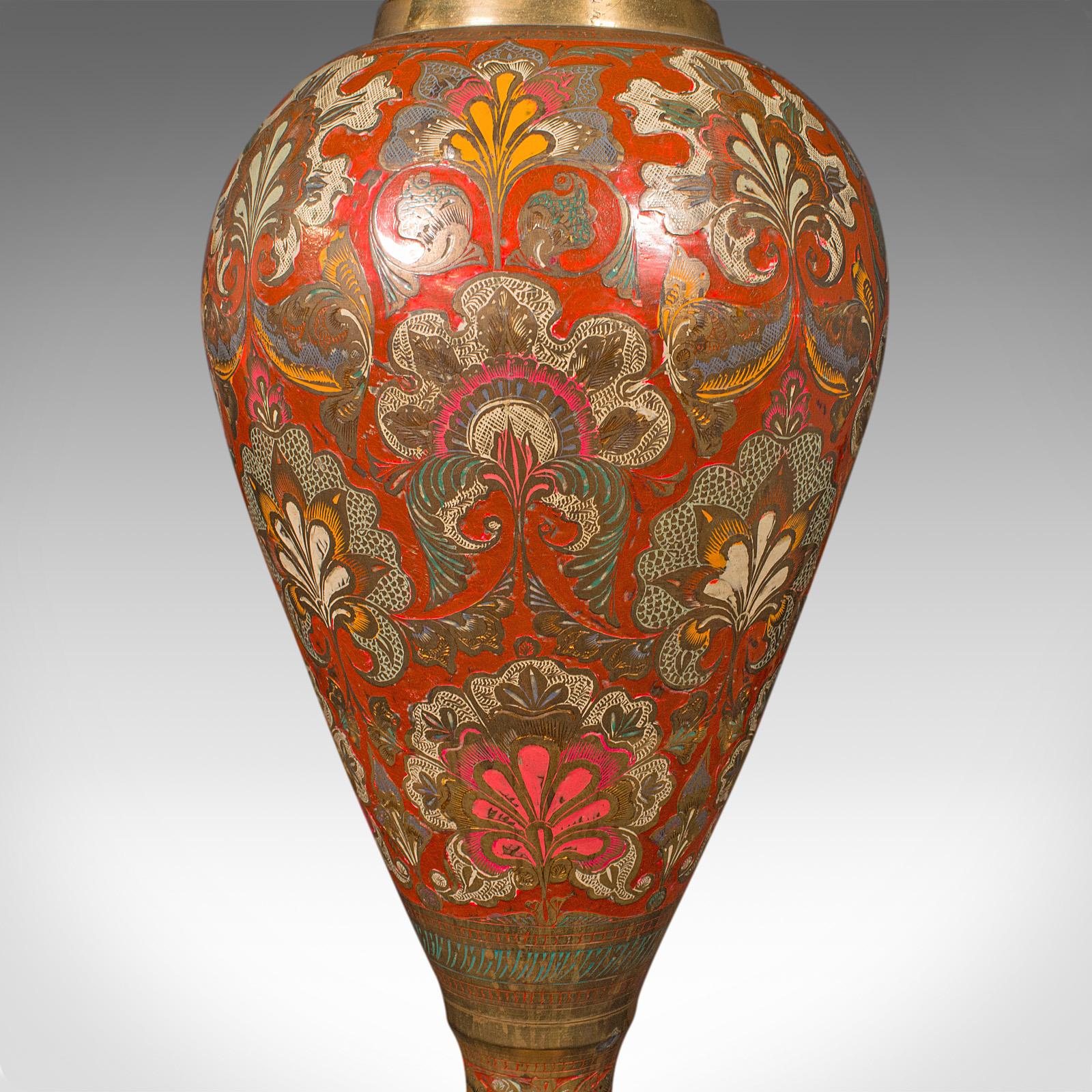 Tall Vintage Pampas Grass Vase, Indian Enamelled Brass, Display Urn, Midcentury 2
