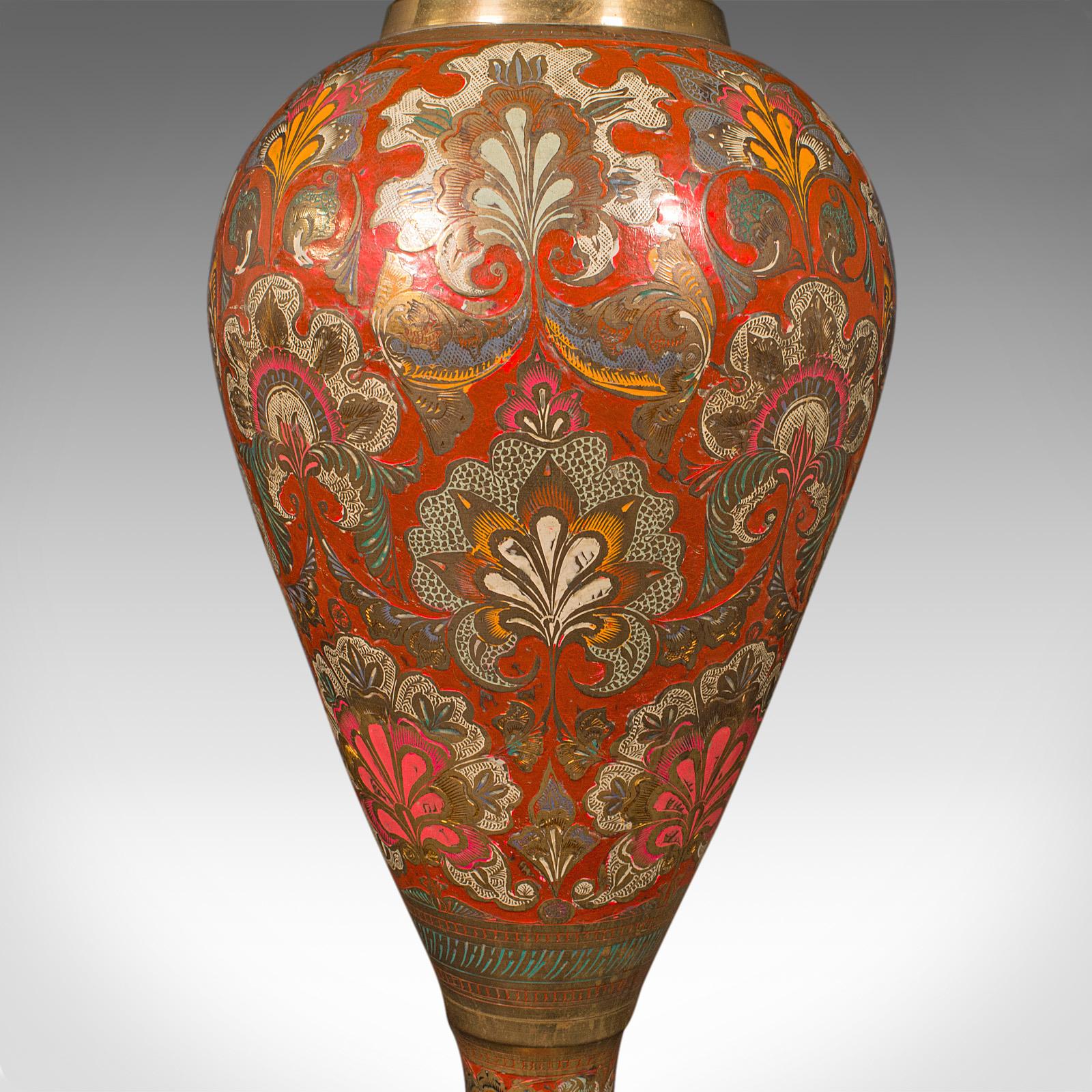 Tall Vintage Pampas Grass Vase, Indian Enamelled Brass, Display Urn, Midcentury 3