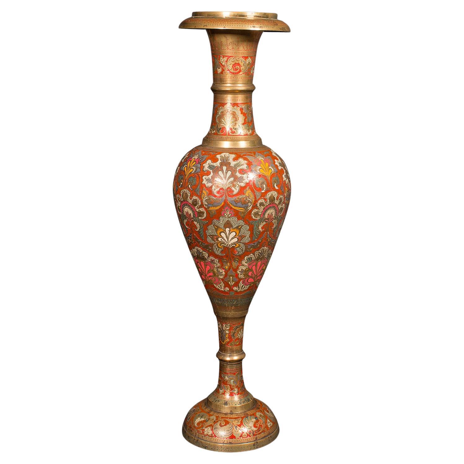 Tall Vintage Pampas Grass Vase, Indian Enamelled Brass, Display Urn, Midcentury