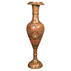 Grand vase à gazon Pampas vintage, laiton émaillé indien, urne d'exposition, milieu du siècle