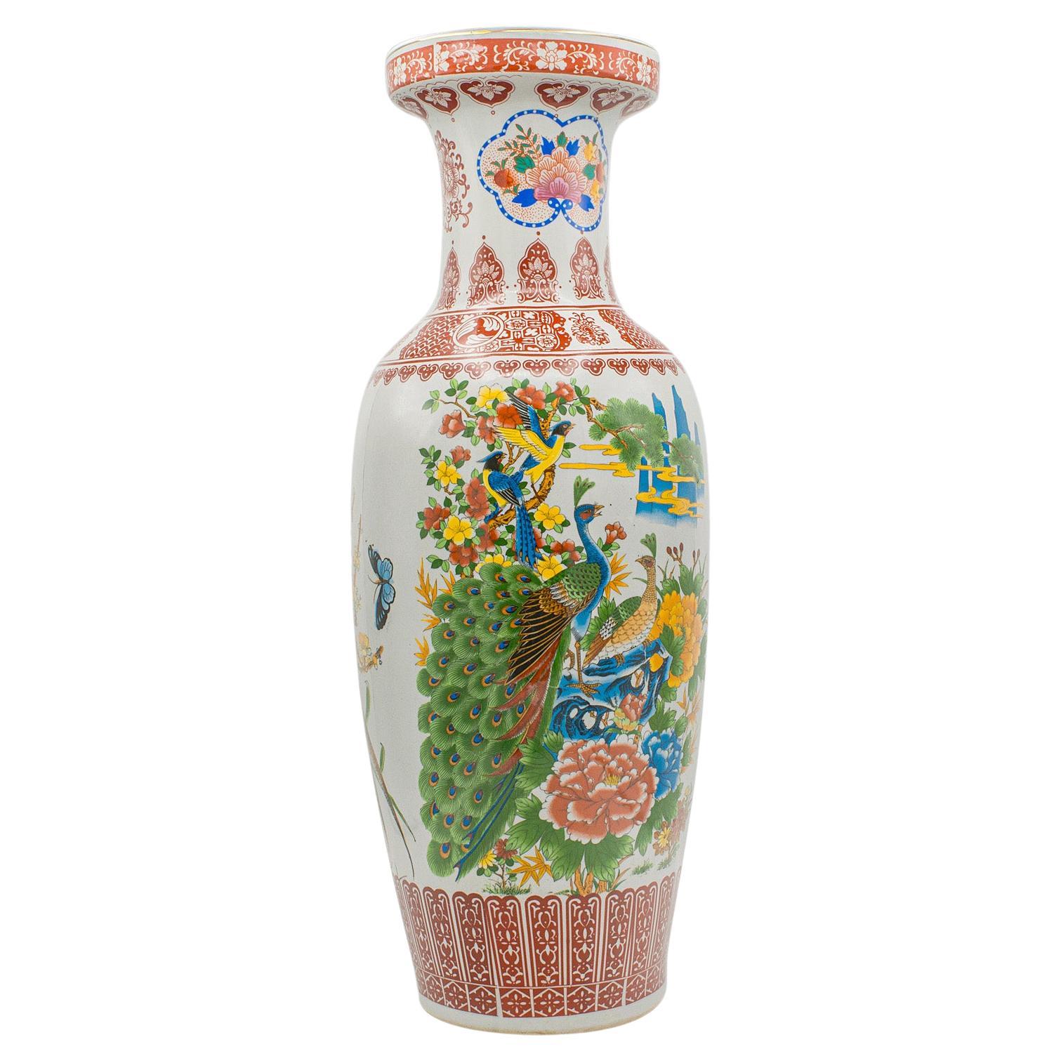 Grand vase paon vintage chinois, céramique, urne à balustre, goût Art Déco, 1950
