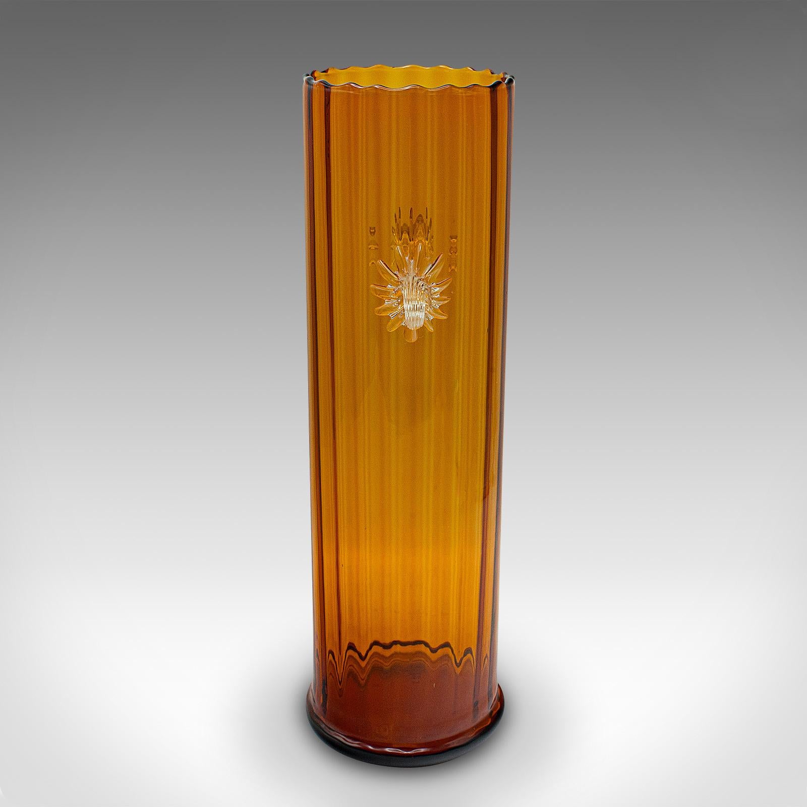 Tall Vintage Ribbed Vase, French, Art Glass, Flower Sleeve, Art Deco, Circa 1930 In Good Condition For Sale In Hele, Devon, GB