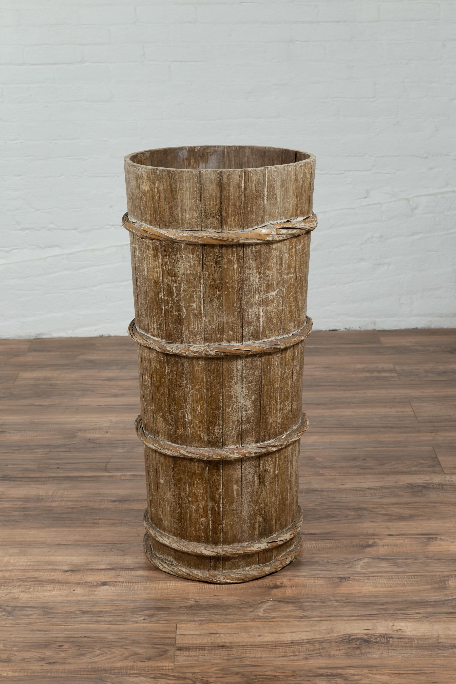 Tall Vintage Rustic Wooden Barrel with Slatted Body and Rope-Style Motifs For Sale 5