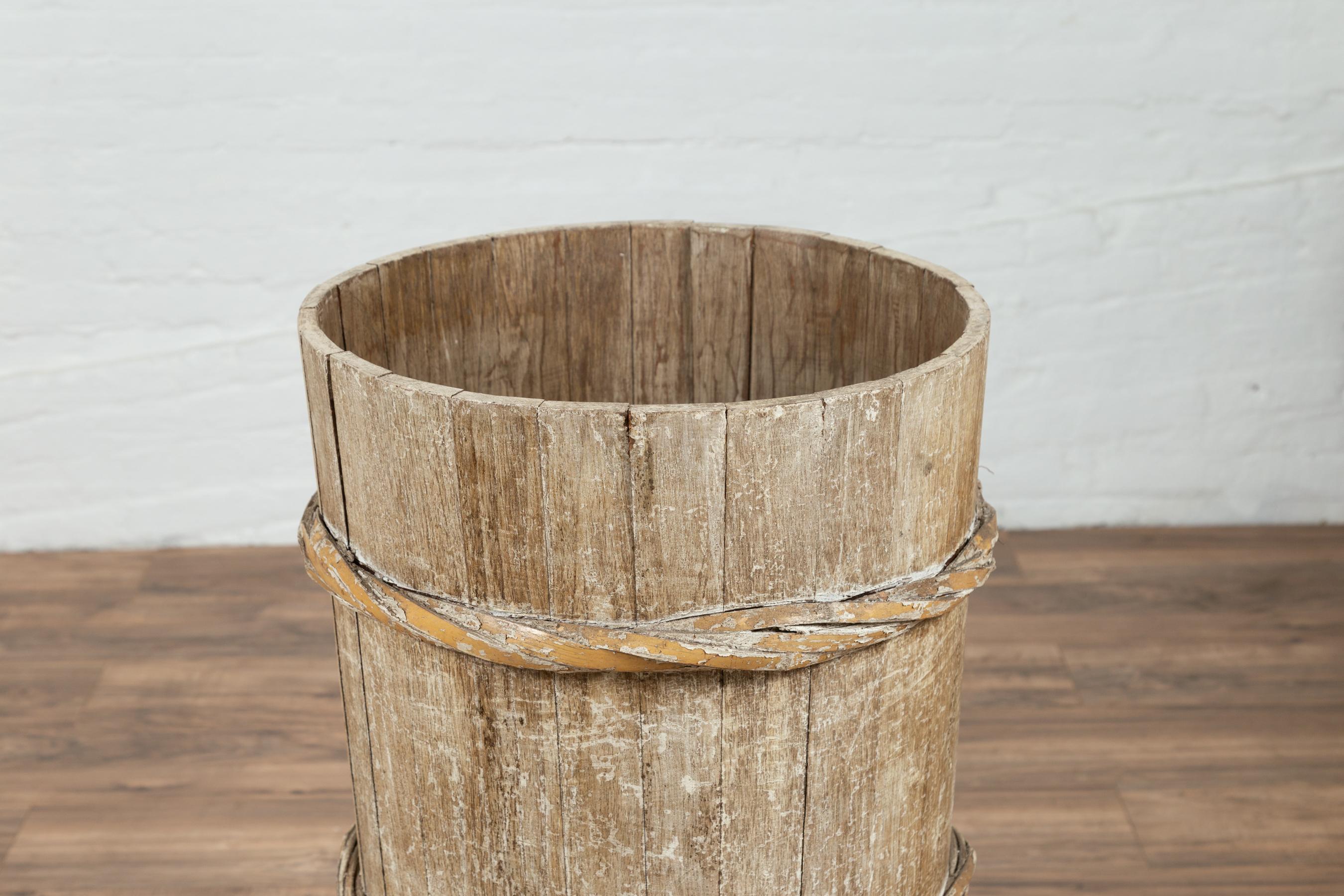 20th Century Tall Vintage Rustic Wooden Barrel with Slatted Body and Rope-Style Motifs For Sale
