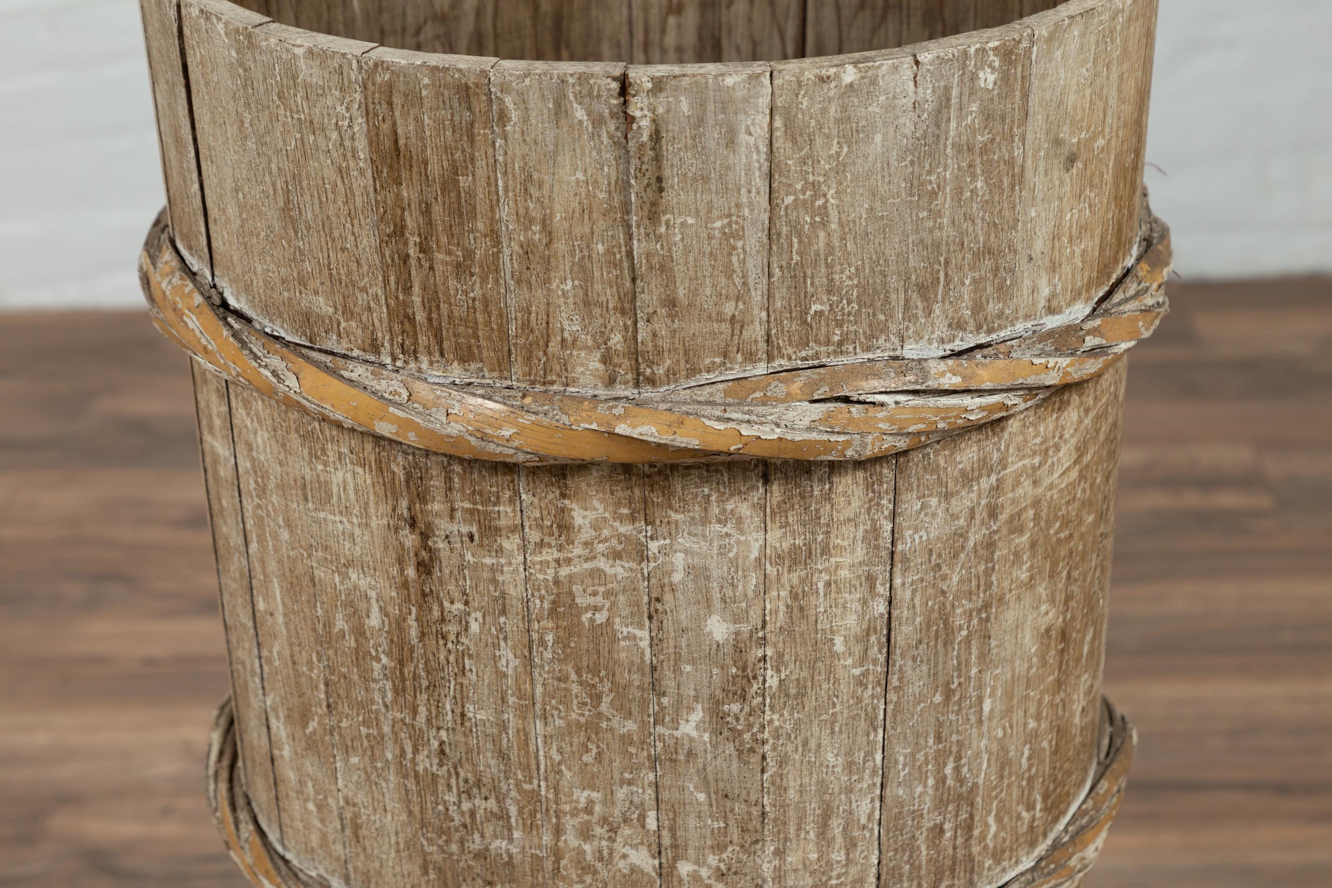 Tall Vintage Rustic Wooden Barrel with Slatted Body and Rope-Style Motifs For Sale 1