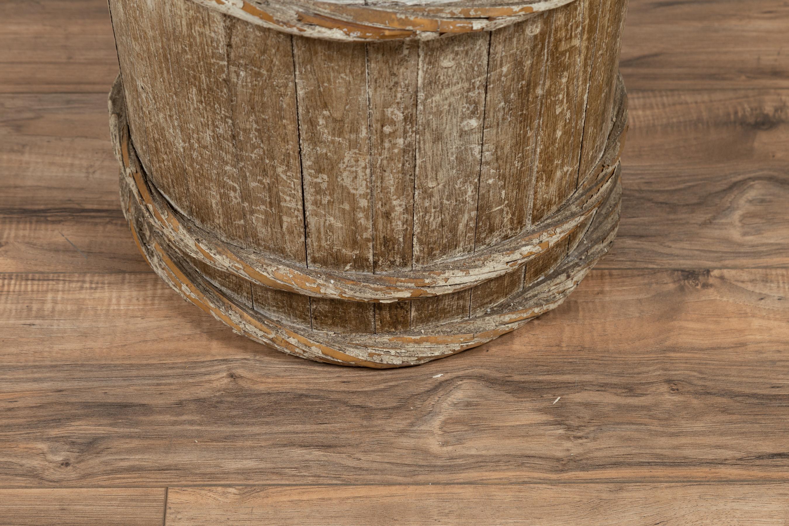 Tall Vintage Rustic Wooden Barrel with Slatted Body and Rope-Style Motifs For Sale 2
