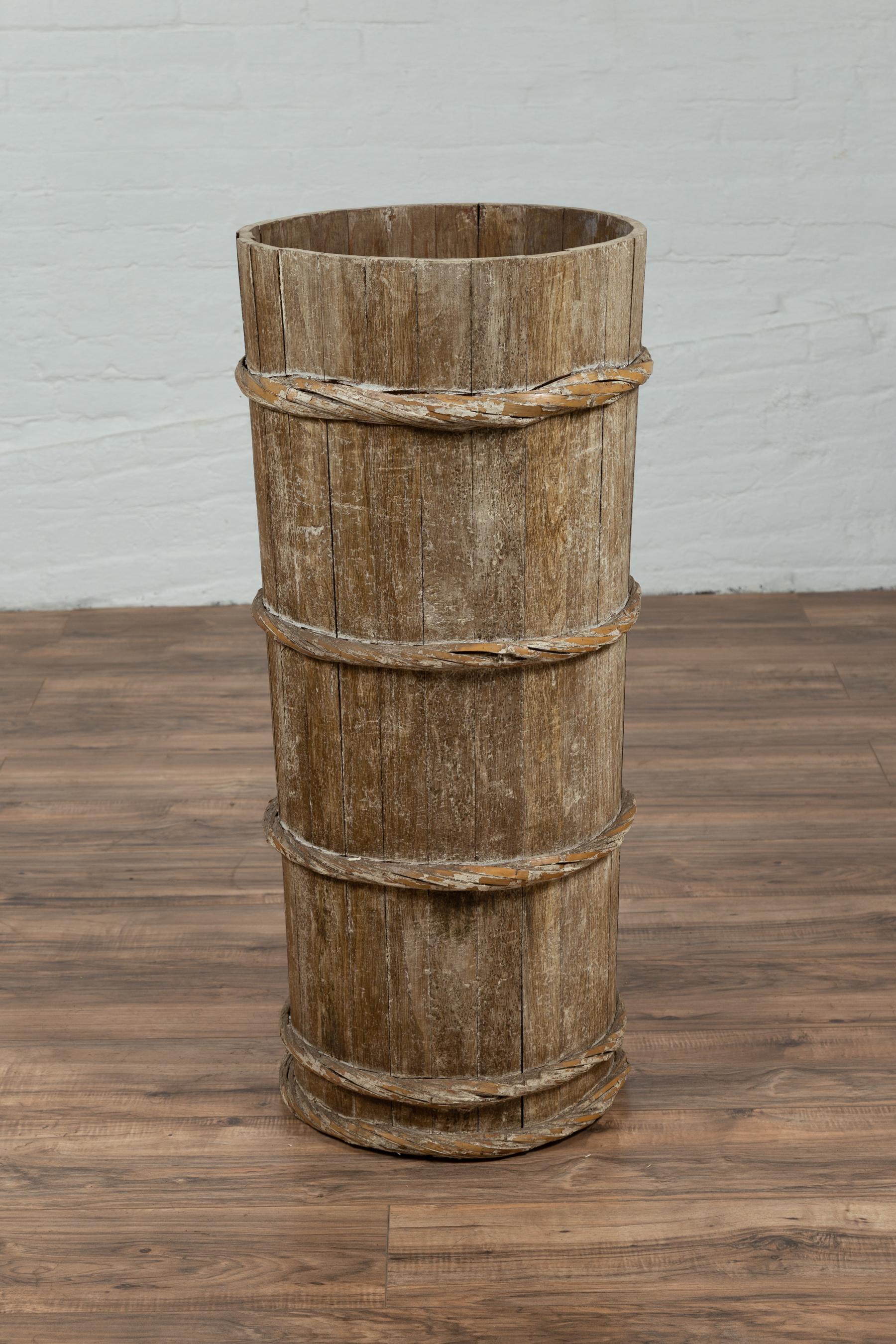 Tall Vintage Rustic Wooden Barrel with Slatted Body and Rope-Style Motifs For Sale 4